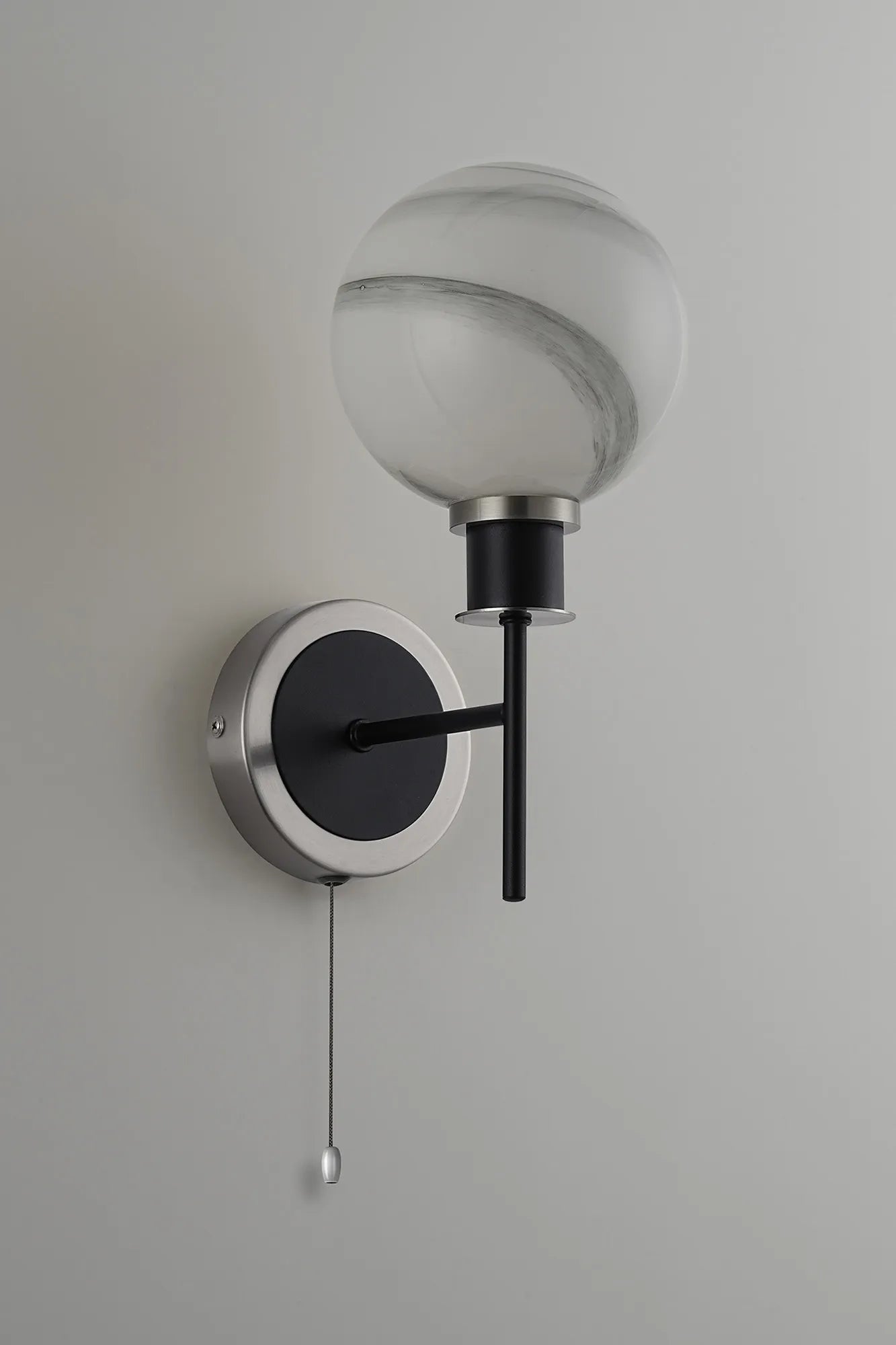 Sycamore Switched Wall Light with 15cm Round Marble Effect Glass Shade - Satin Nickel, White & Satin Black