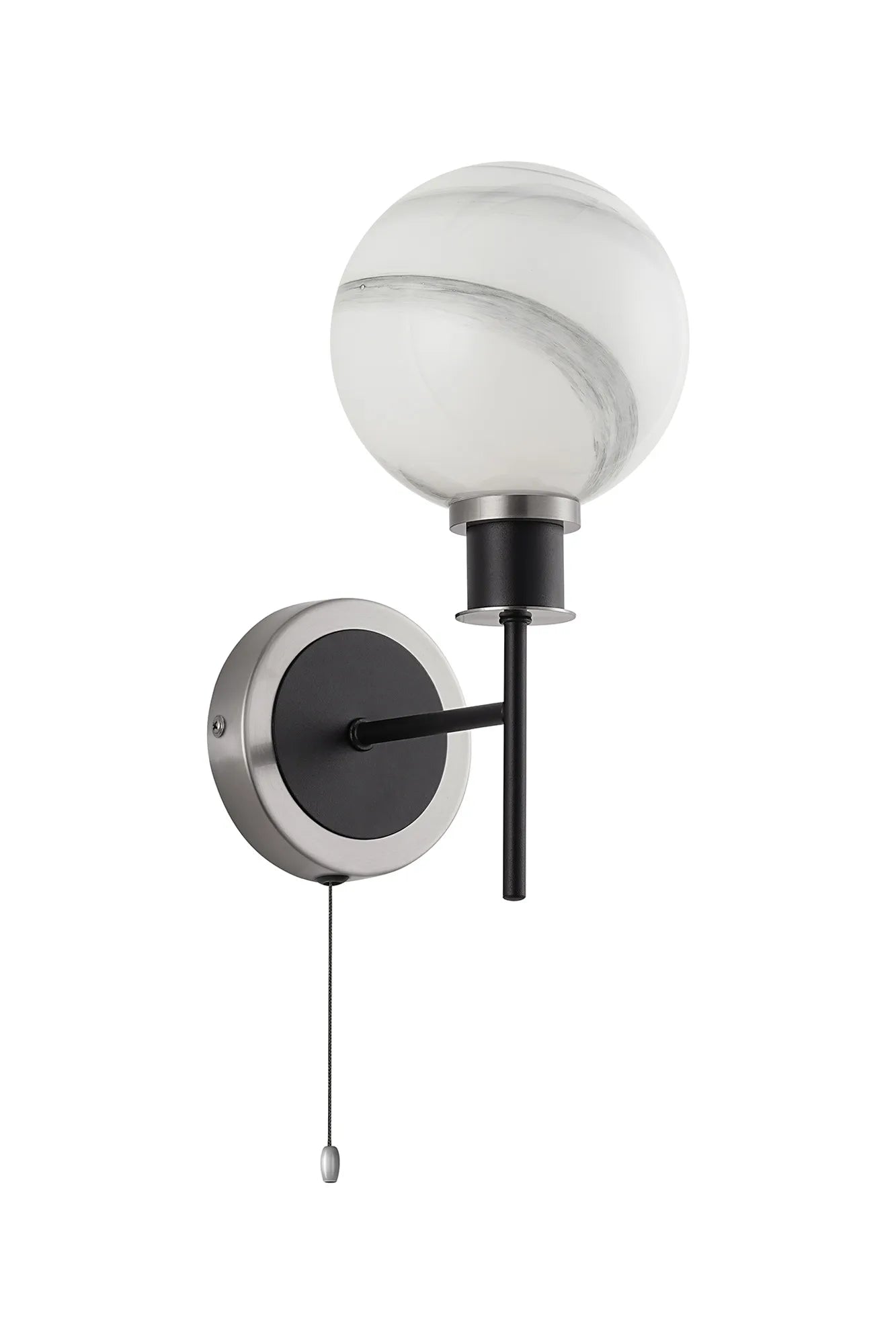 Sycamore Switched Wall Light with 15cm Round Marble Effect Glass Shade - Satin Nickel, White & Satin Black