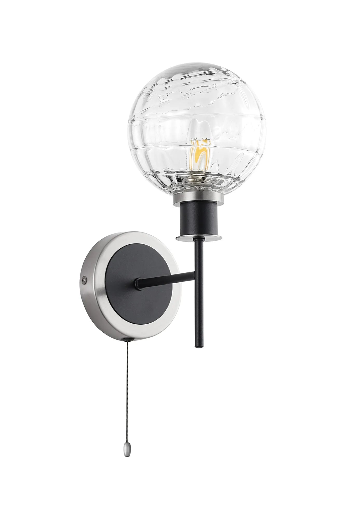 Sycamore Switched Wall Light with 15cm Round Textured Melting Glass Shade - Satin Nickel, Clear & Satin Black
