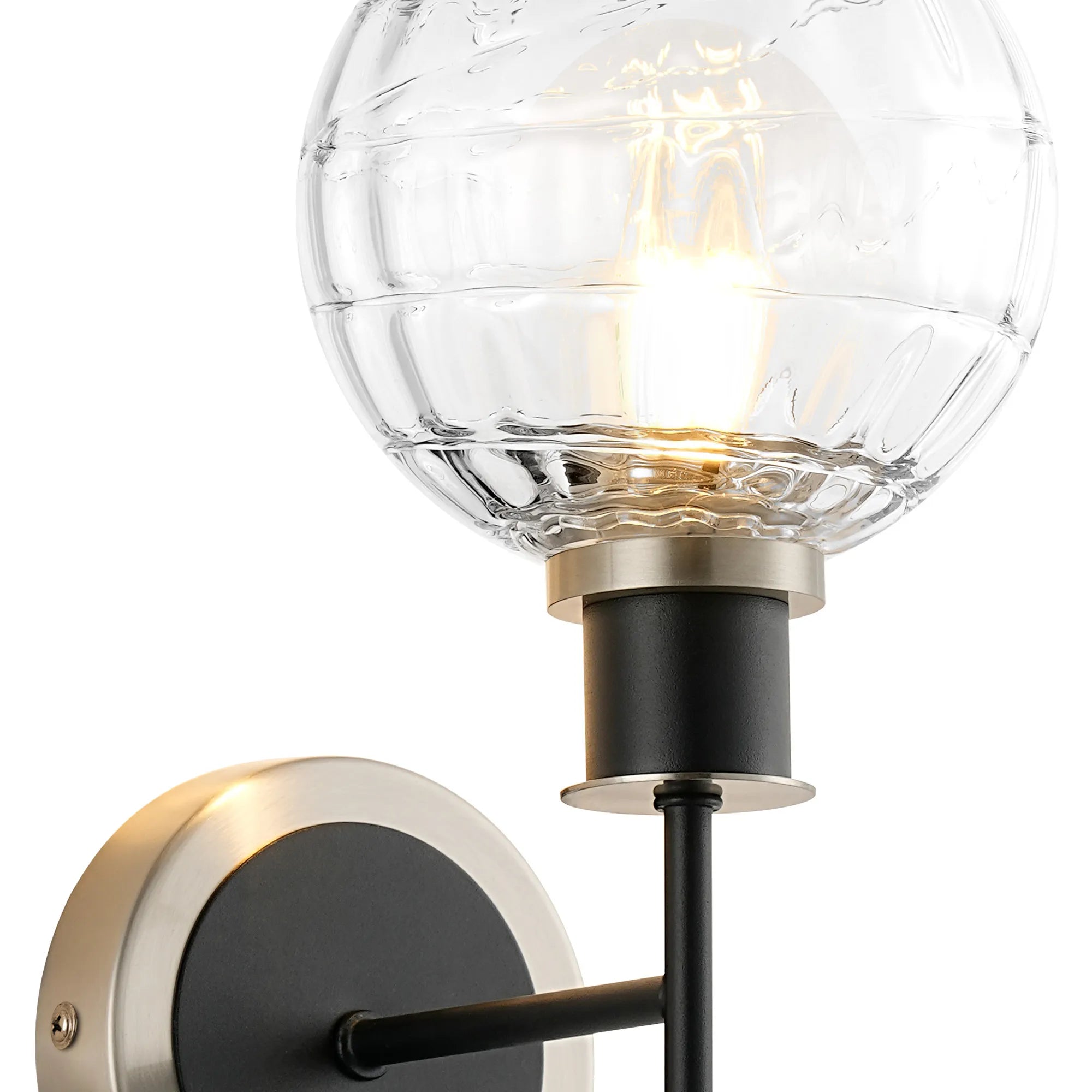 Sycamore Switched Wall Light with 15cm Round Textured Melting Glass Shade - Satin Nickel, Clear & Satin Black