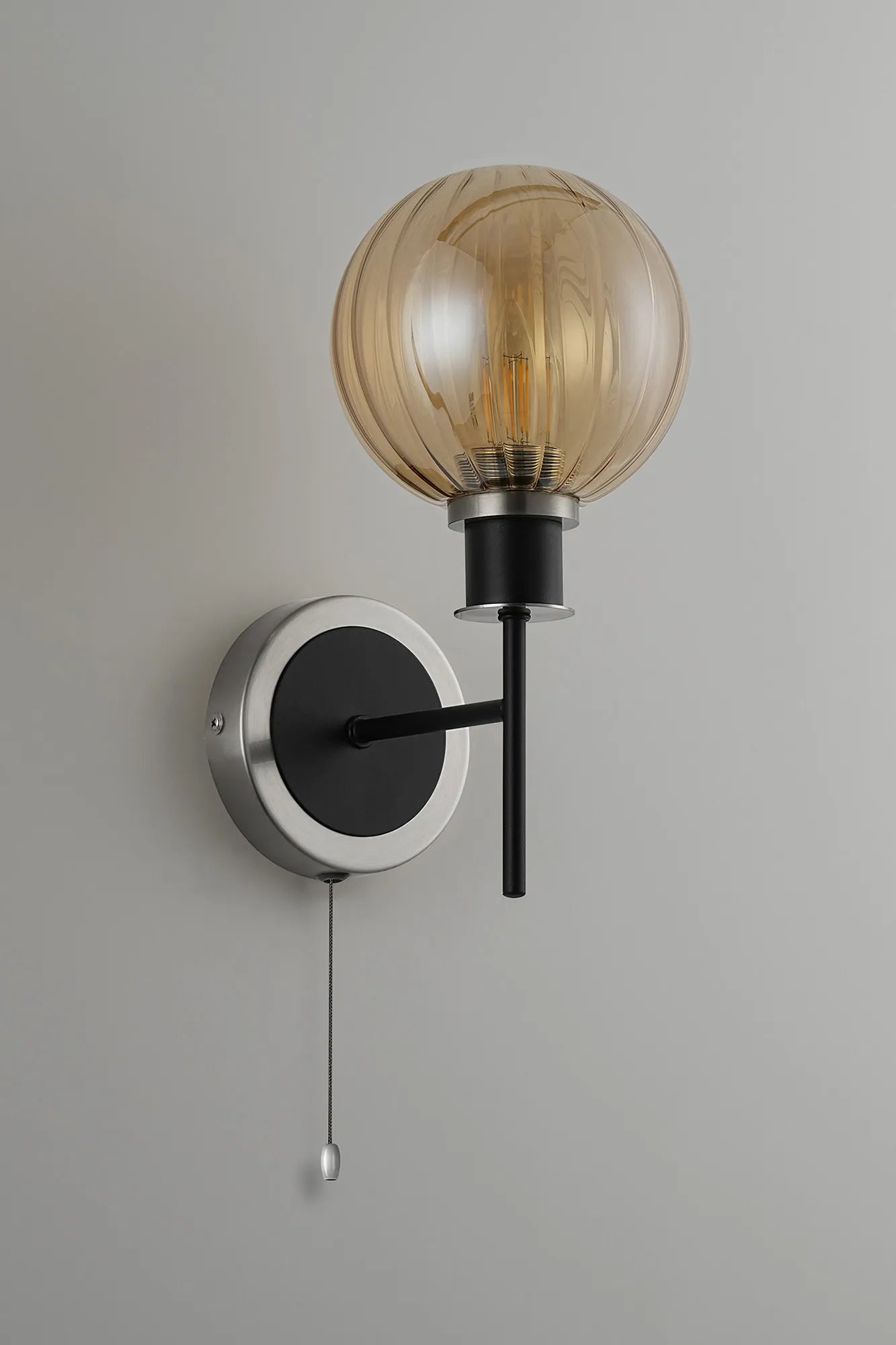 Sycamore Switched Wall Light with 15cm Round Segment Glass Shade - Satin Nickel, Amber Plated & Satin Black
