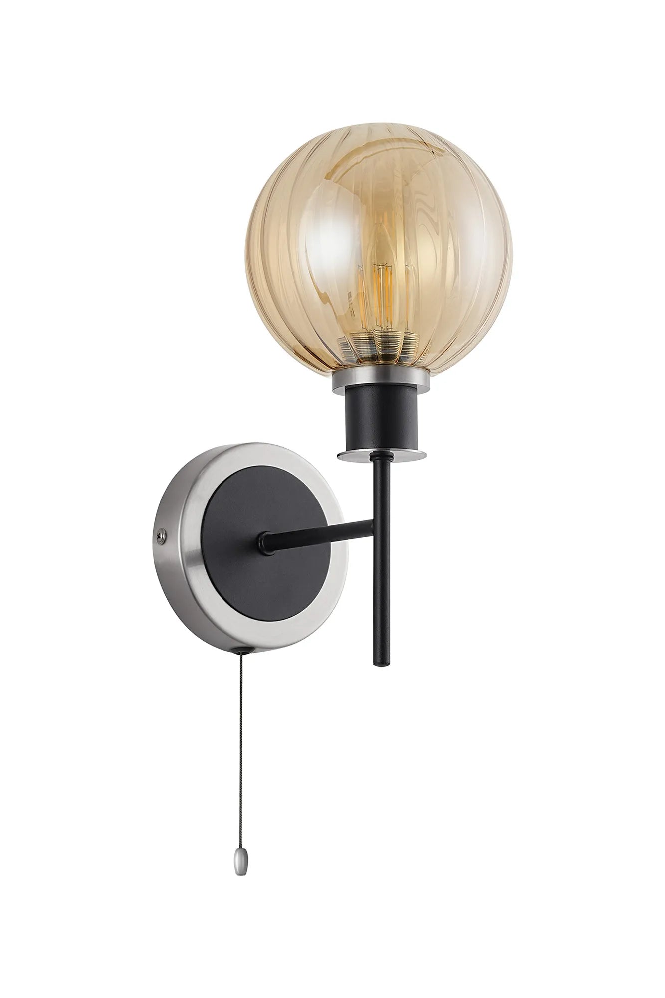 Sycamore Switched Wall Light with 15cm Round Segment Glass Shade - Satin Nickel, Amber Plated & Satin Black
