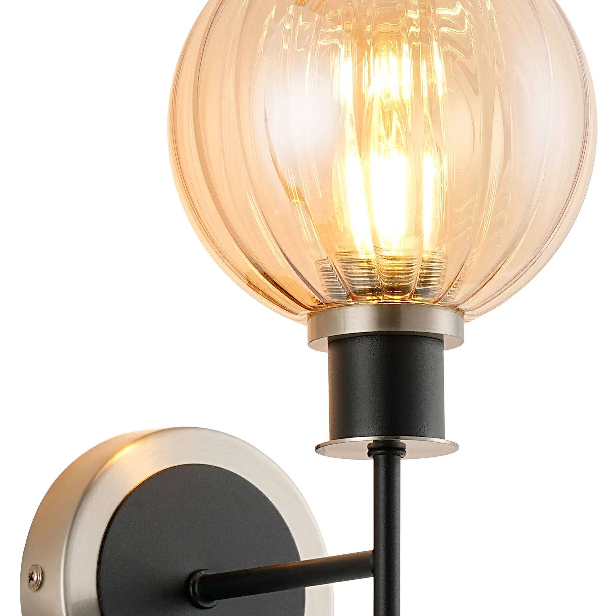 Sycamore Switched Wall Light with 15cm Round Segment Glass Shade - Satin Nickel, Amber Plated & Satin Black