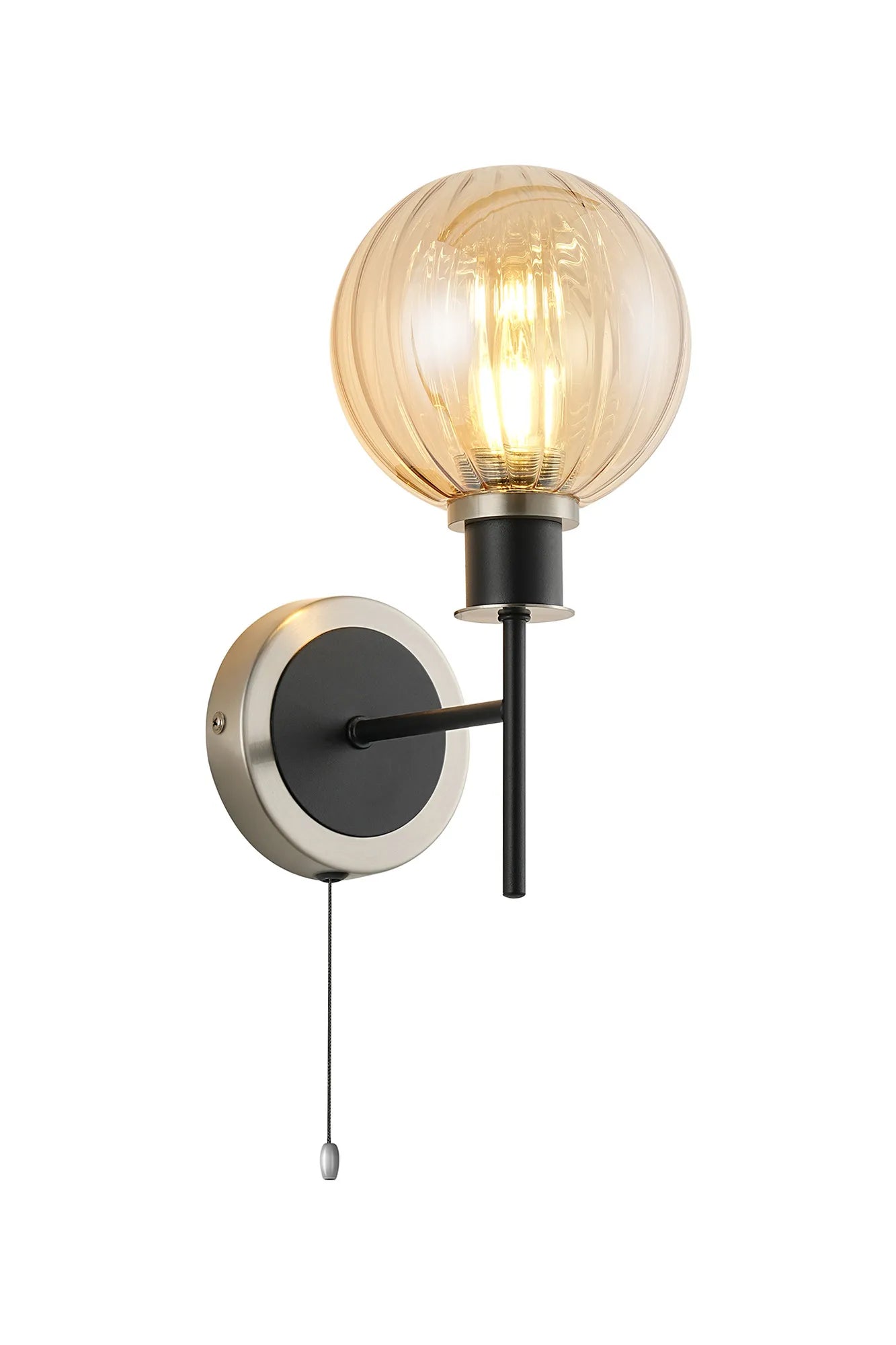 Sycamore Switched Wall Light with 15cm Round Segment Glass Shade - Satin Nickel, Amber Plated & Satin Black