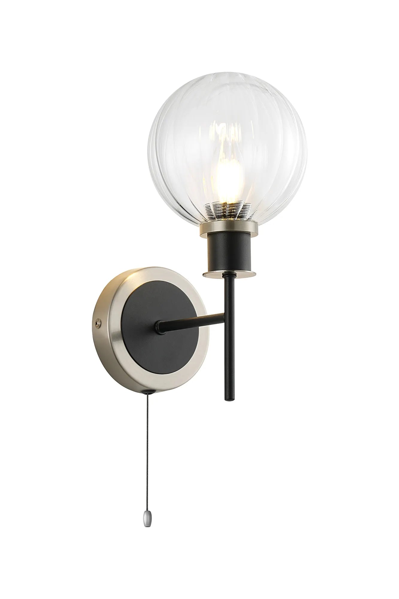 Sycamore Switched Wall Light with 15cm Round Segment Glass Shade - Satin Nickel, Clear & Satin Black