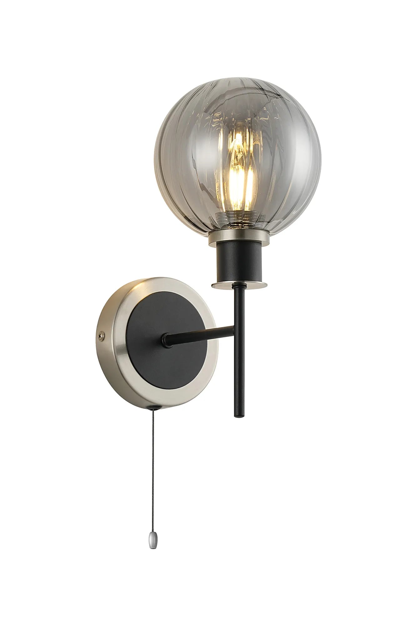 Sycamore Switched Wall Light with 15cm Round Segment Glass Shade - Satin Nickel, Smoke Plated & Satin Black