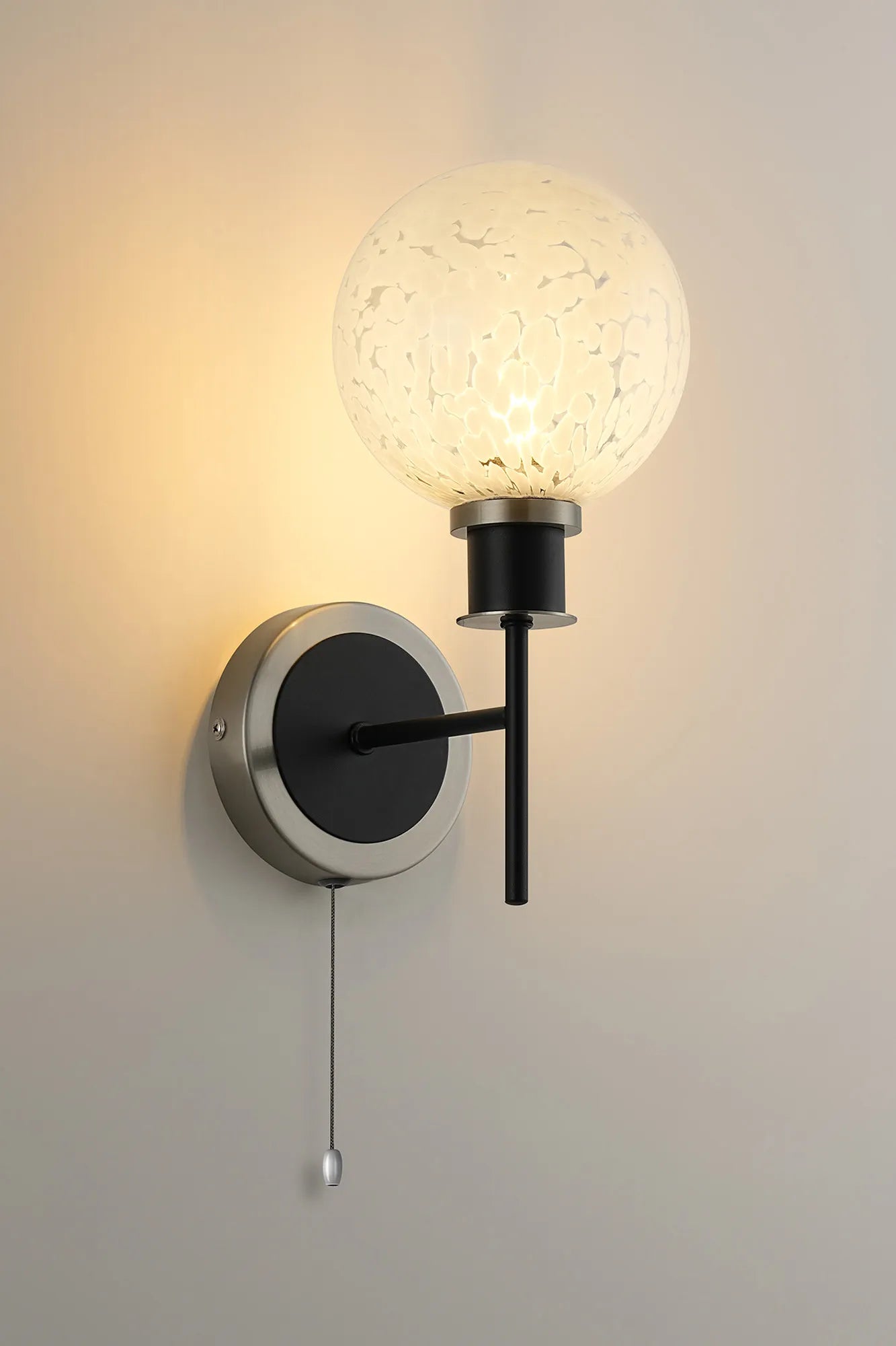 Sycamore Switched Wall Light with 15cm Round Speckled Glass Shade - Satin Nickel, White & Satin Black