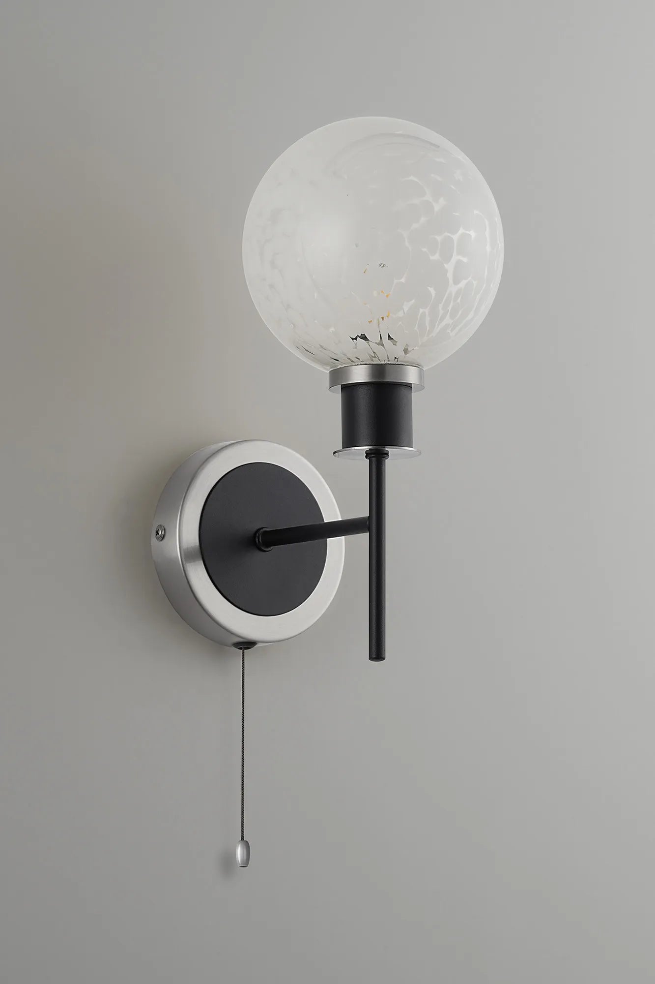 Sycamore Switched Wall Light with 15cm Round Speckled Glass Shade - Satin Nickel, White & Satin Black