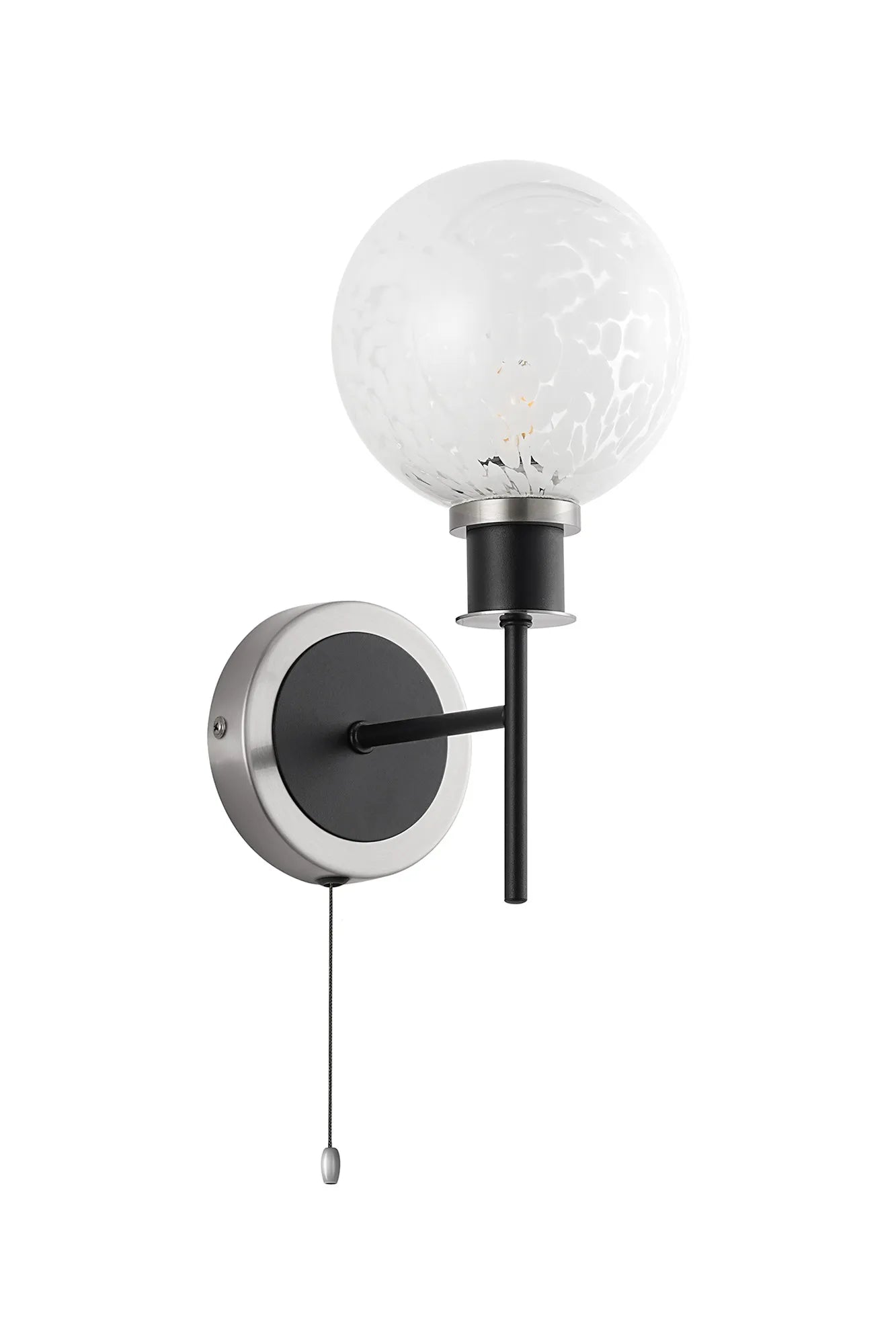 Sycamore Switched Wall Light with 15cm Round Speckled Glass Shade - Satin Nickel, White & Satin Black
