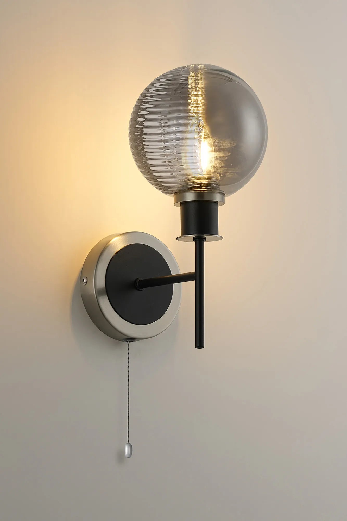 Sycamore Switched Wall Light IP44 with 15cm Round Double Textured Smooth & Ribbed Shade - Satin Nickel, Smoke Plated & Satin Black