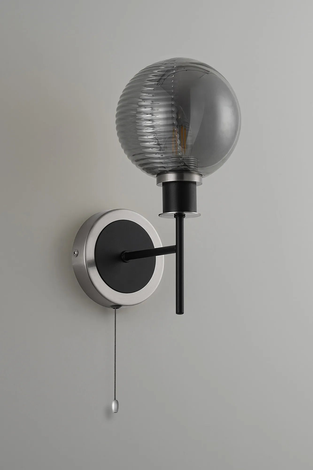Sycamore Switched Wall Light IP44 with 15cm Round Double Textured Smooth & Ribbed Shade - Satin Nickel, Smoke Plated & Satin Black