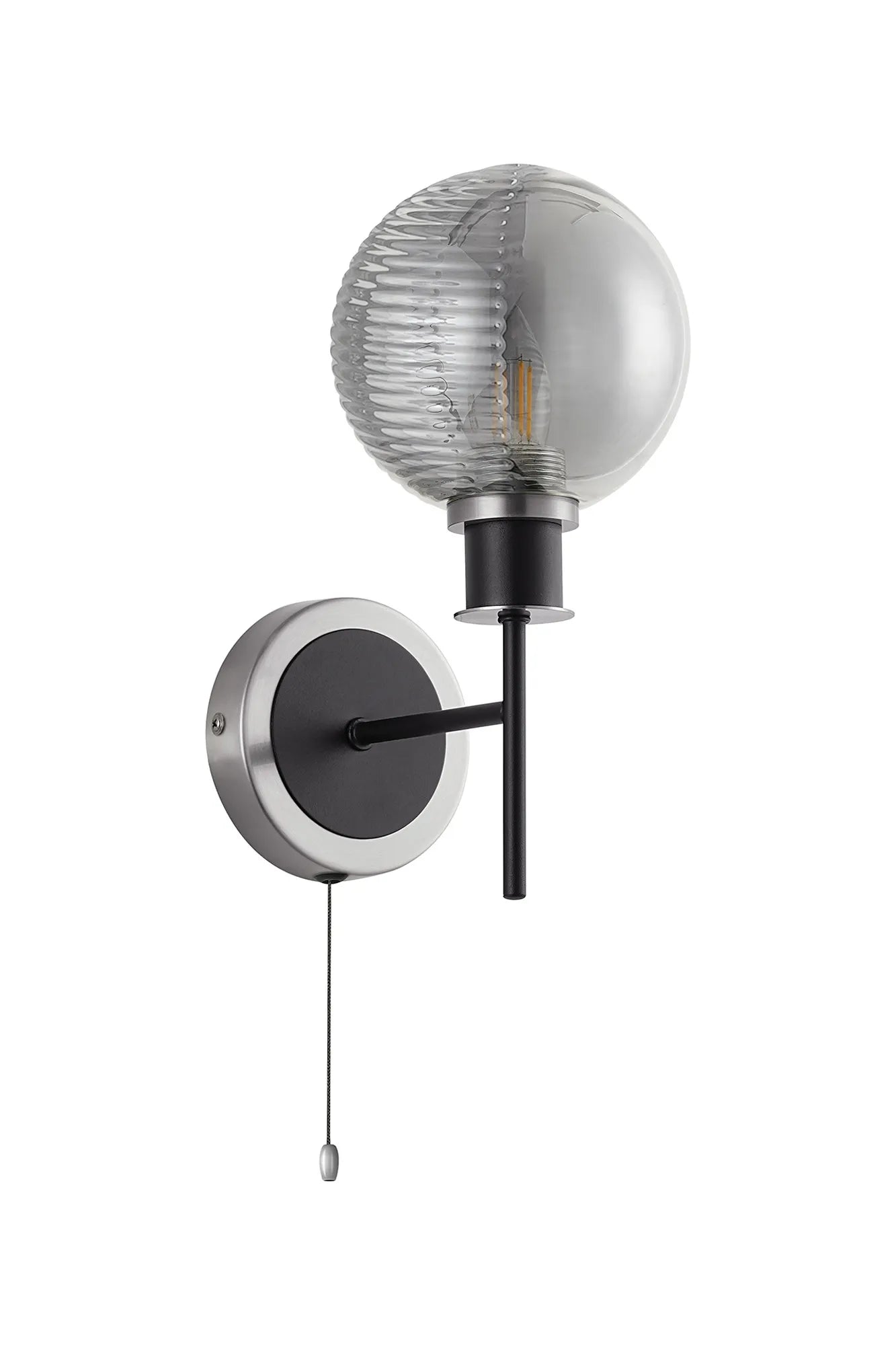 Sycamore Switched Wall Light IP44 with 15cm Round Double Textured Smooth & Ribbed Shade - Satin Nickel, Smoke Plated & Satin Black