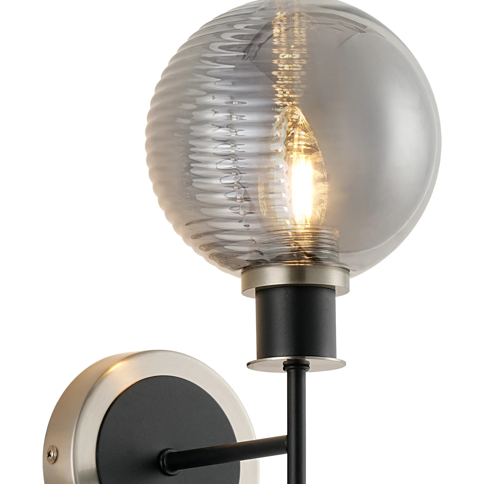 Sycamore Switched Wall Light IP44 with 15cm Round Double Textured Smooth & Ribbed Shade - Satin Nickel, Smoke Plated & Satin Black