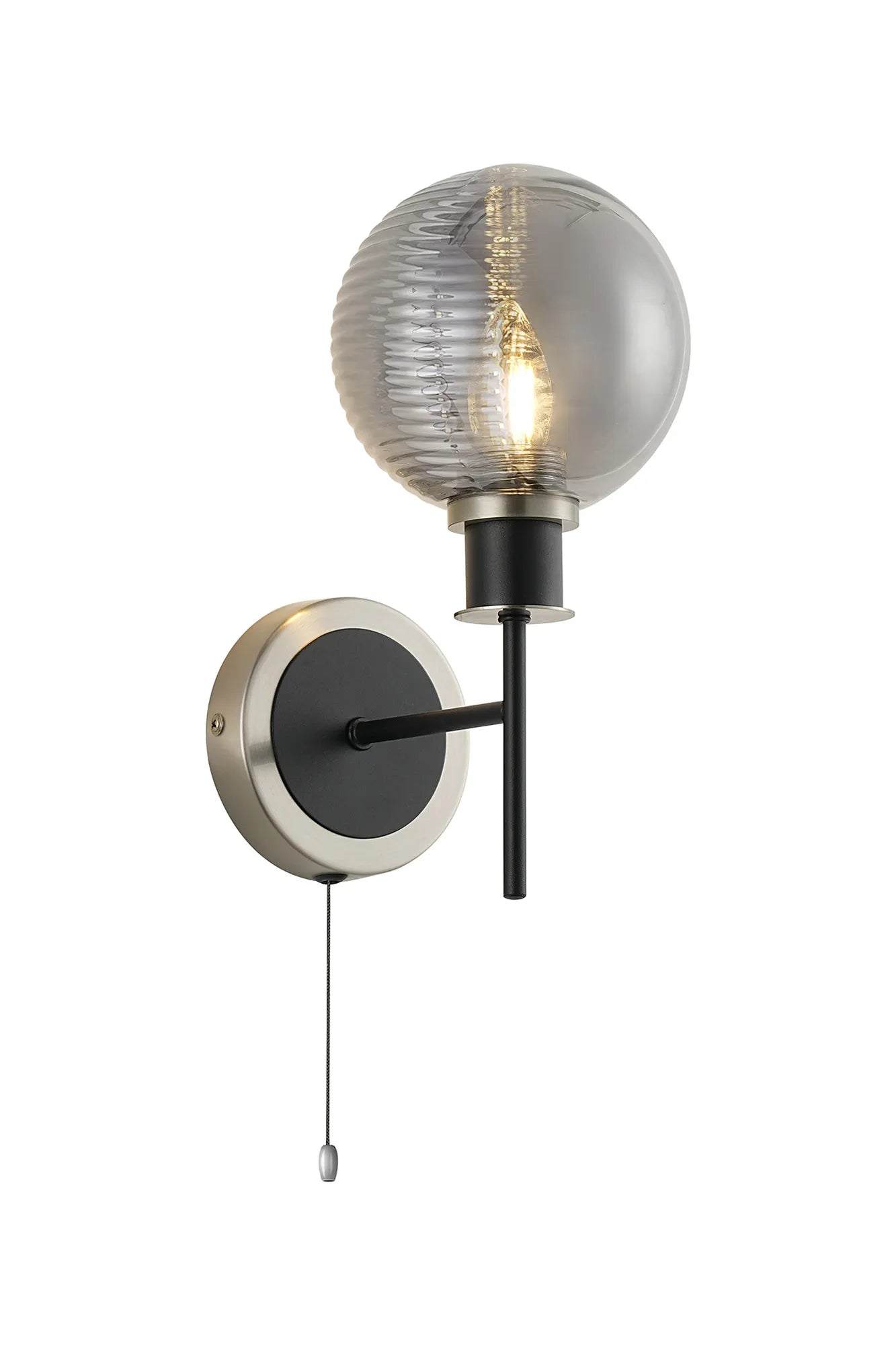 Sycamore Switched Wall Light IP44 with 15cm Round Double Textured Smooth & Ribbed Shade - Satin Nickel, Smoke Plated & Satin Black