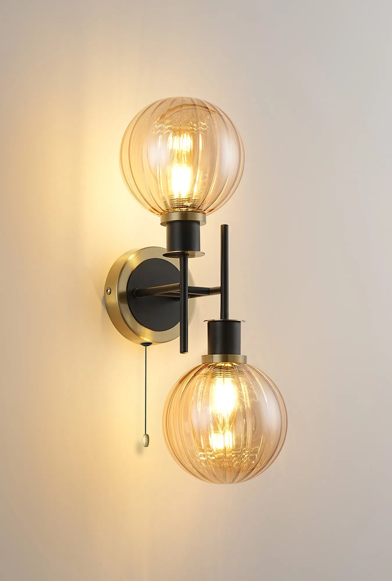 Sycamore Switched Wall Light 2 Light with 15cm Round Segment Glass Shade - Brass, Amber Plated & Satin Black