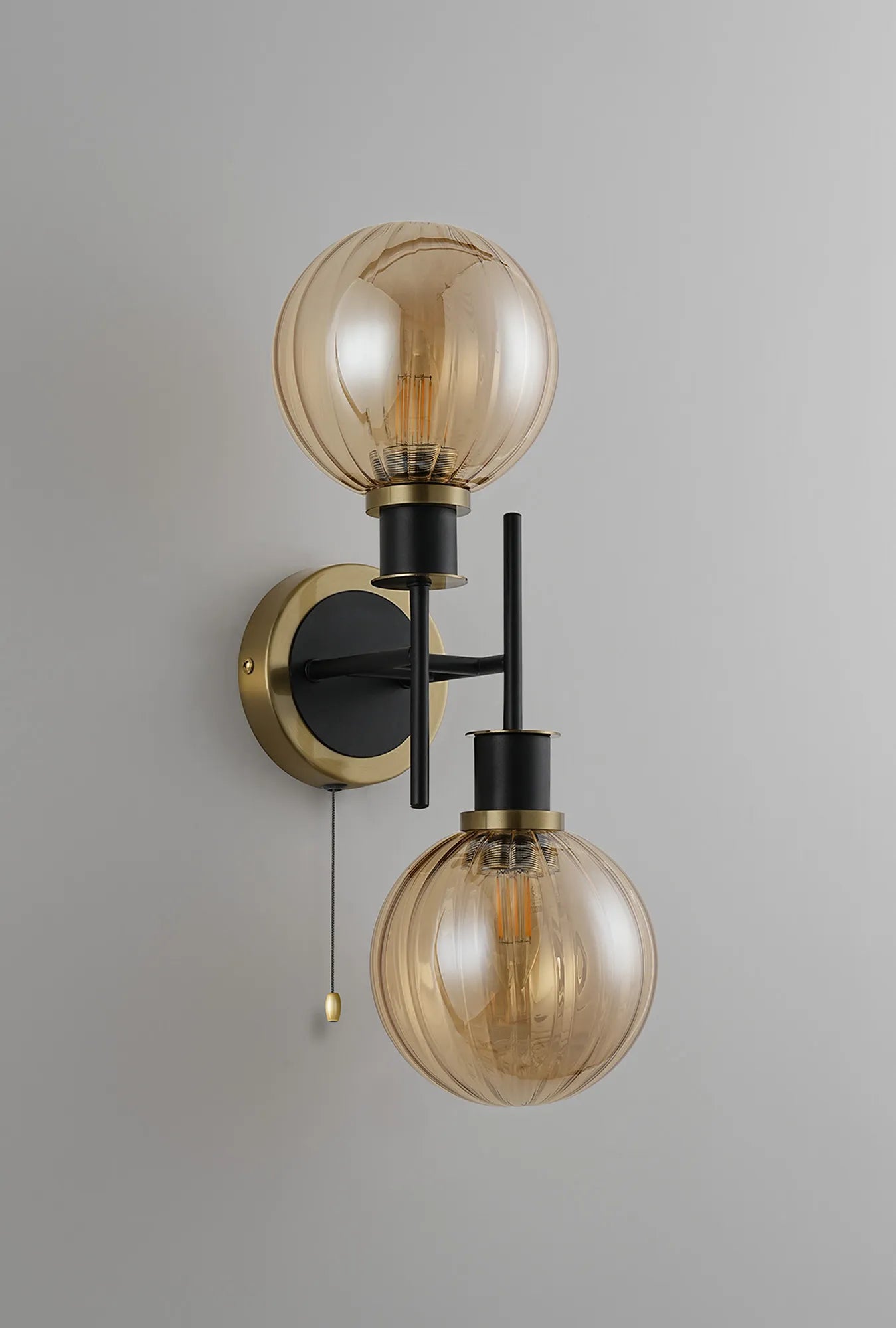Sycamore Switched Wall Light 2 Light with 15cm Round Segment Glass Shade - Brass, Amber Plated & Satin Black