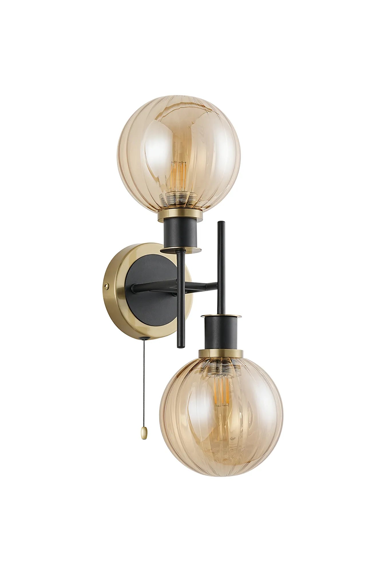 Sycamore Switched Wall Light 2 Light with 15cm Round Segment Glass Shade - Brass, Amber Plated & Satin Black