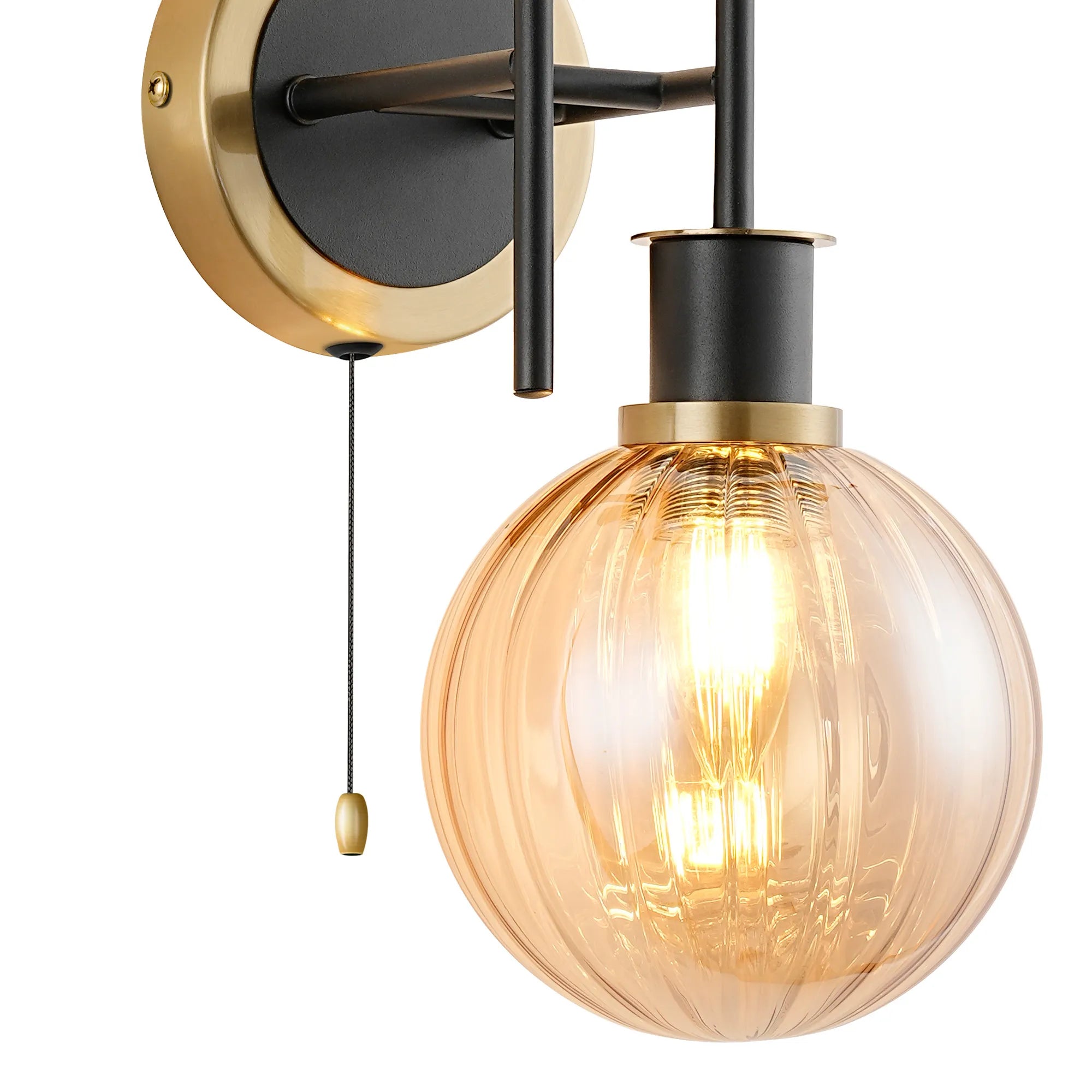 Sycamore Switched Wall Light 2 Light with 15cm Round Segment Glass Shade - Brass, Amber Plated & Satin Black