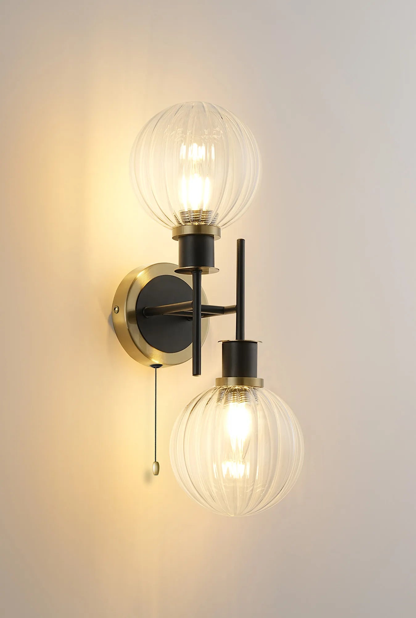 Sycamore Switched Wall Light 2 Light with 15cm Round Segment Glass Shade - Brass, Clear & Satin Black