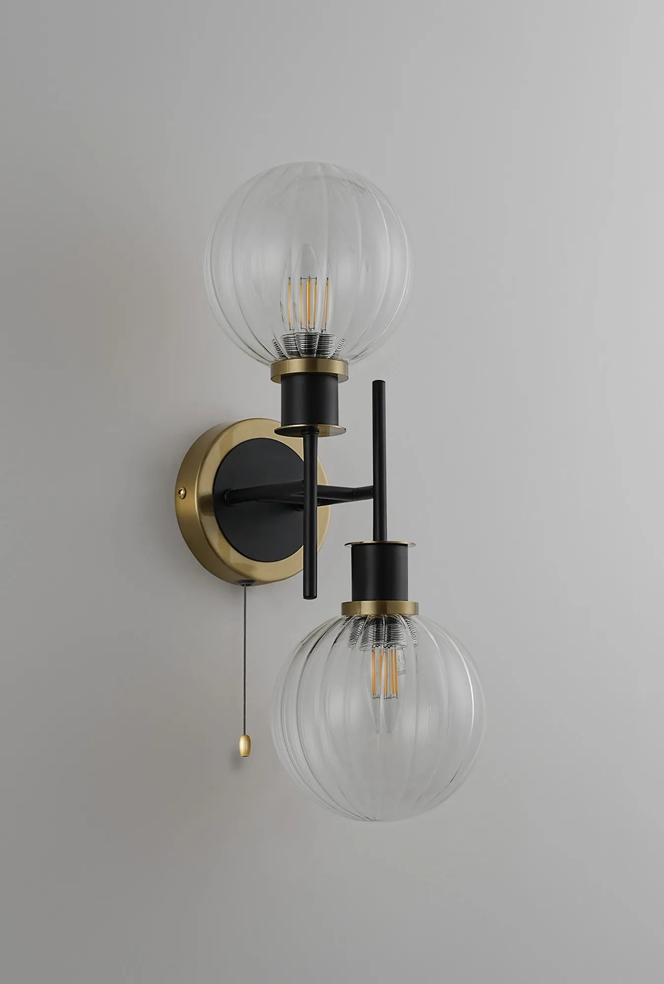 Sycamore Switched Wall Light 2 Light with 15cm Round Segment Glass Shade - Brass, Clear & Satin Black