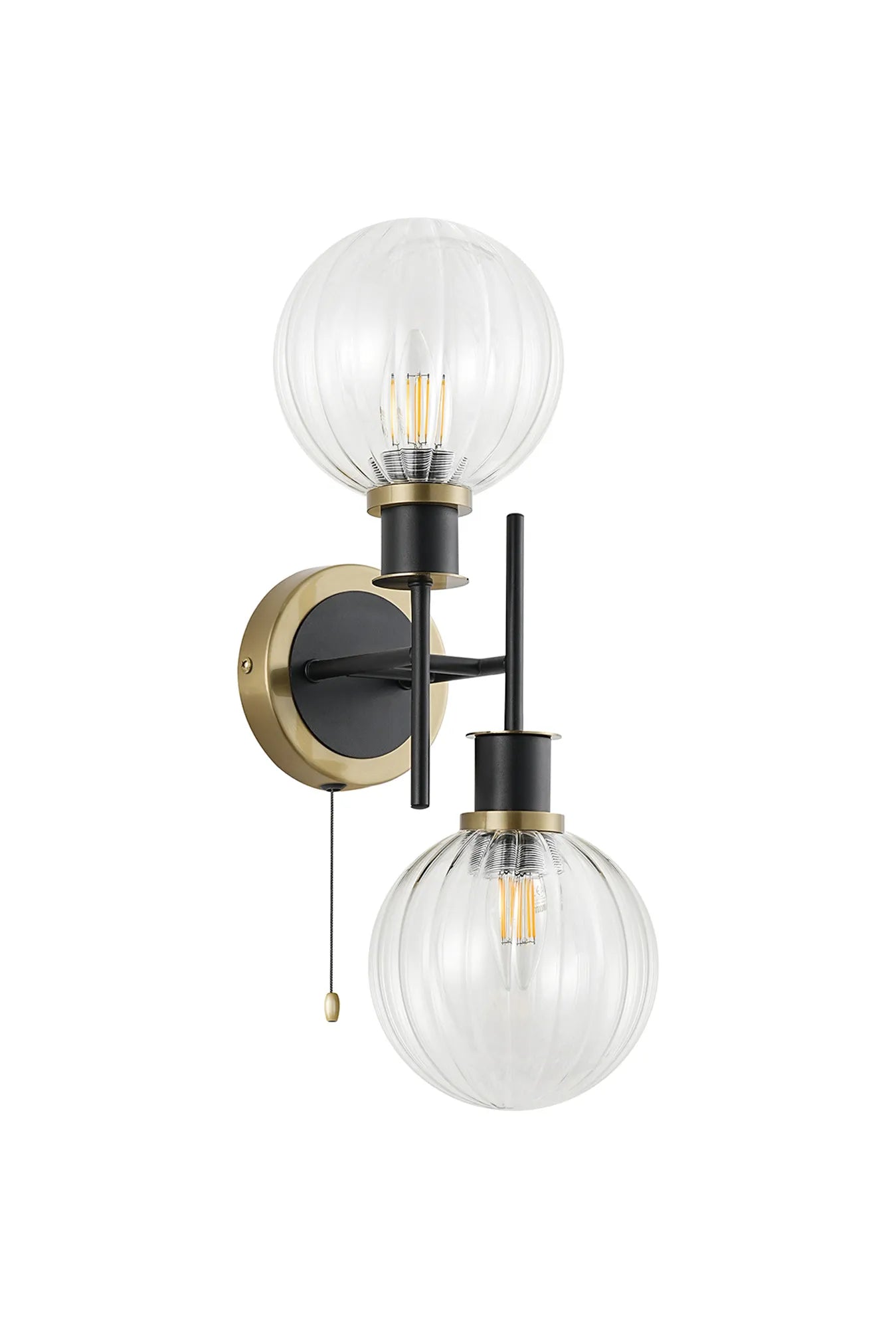 Sycamore Switched Wall Light 2 Light with 15cm Round Segment Glass Shade - Brass, Clear & Satin Black