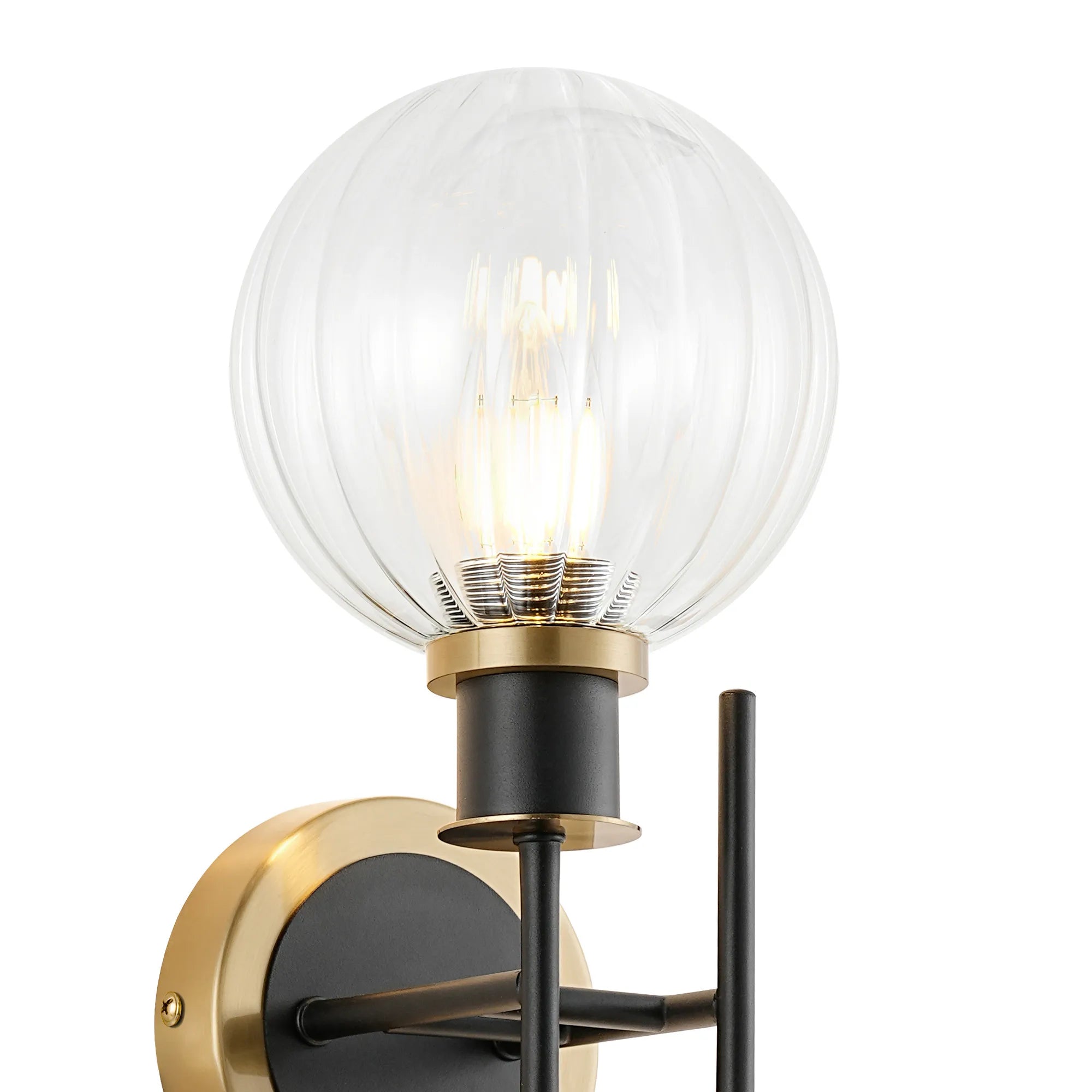 Sycamore Switched Wall Light 2 Light with 15cm Round Segment Glass Shade - Brass, Clear & Satin Black