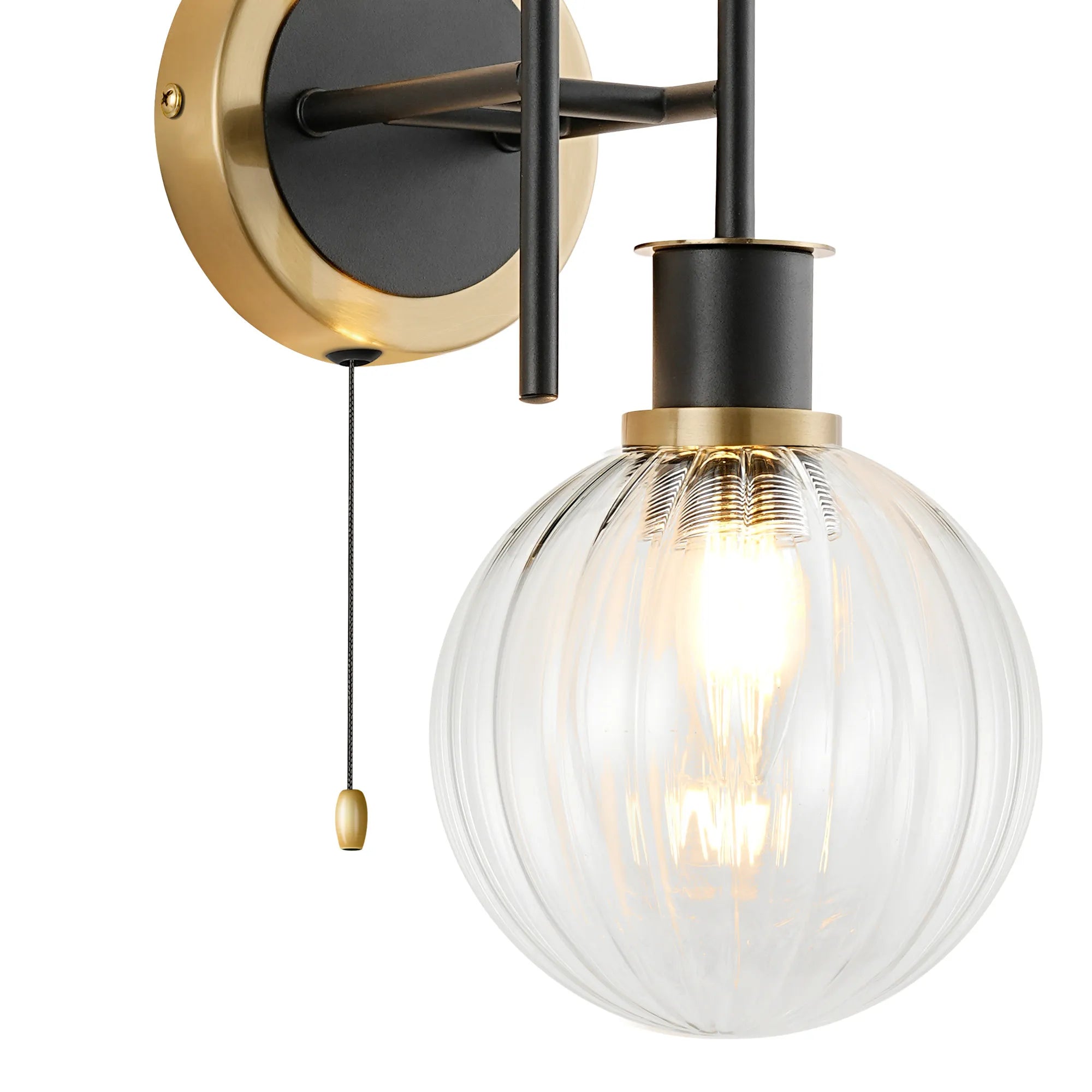 Sycamore Switched Wall Light 2 Light with 15cm Round Segment Glass Shade - Brass, Clear & Satin Black