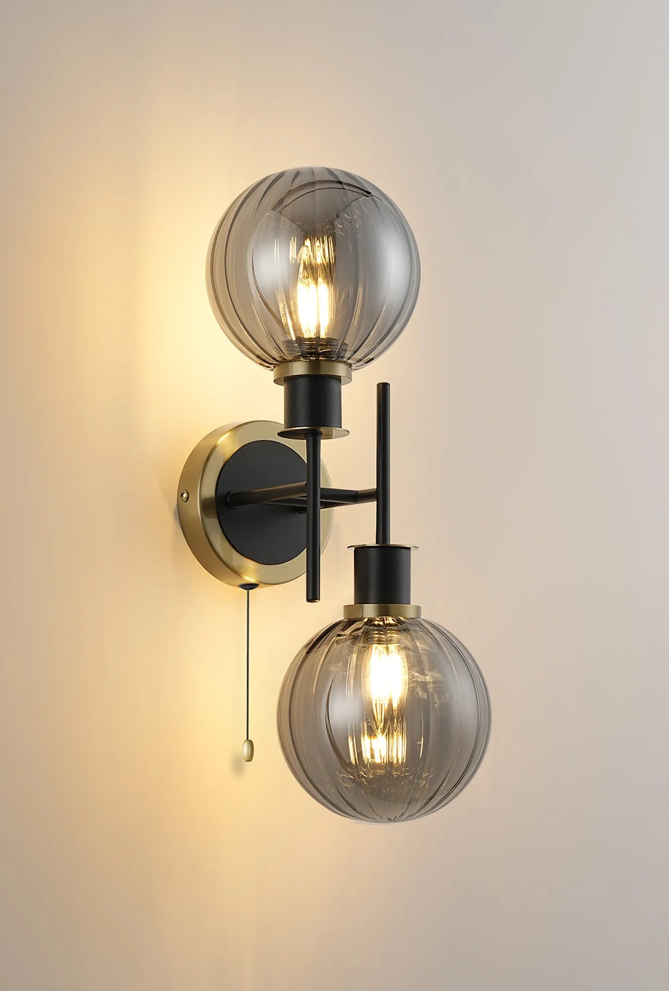 Sycamore Switched Wall Light 2 Light with 15cm Round Segment Glass Shade - Brass, Smoke Plated & Satin Black