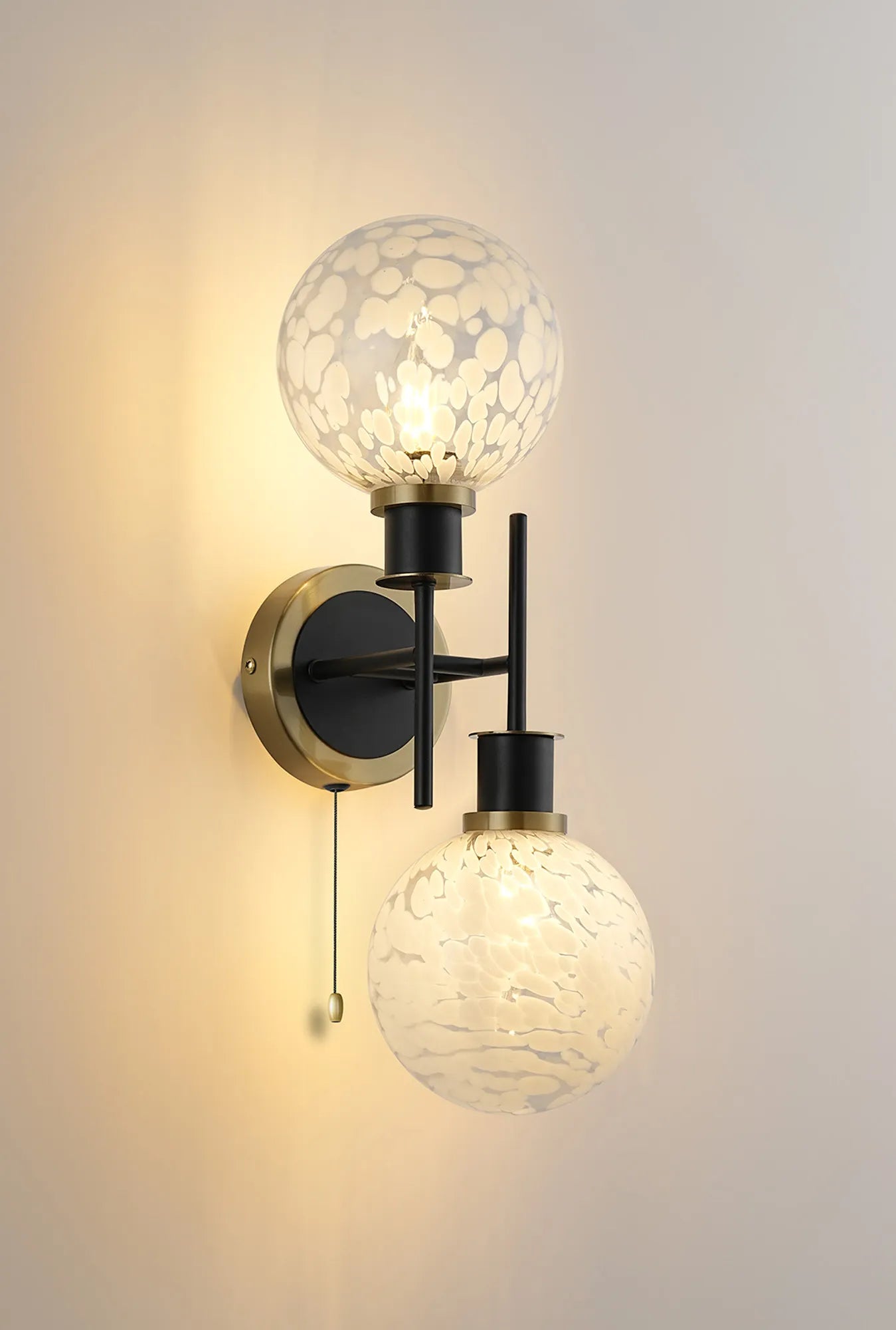 Sycamore Switched Wall Light 2 Light with 15cm Round Speckled Glass Shade - Brass, White & Satin Black