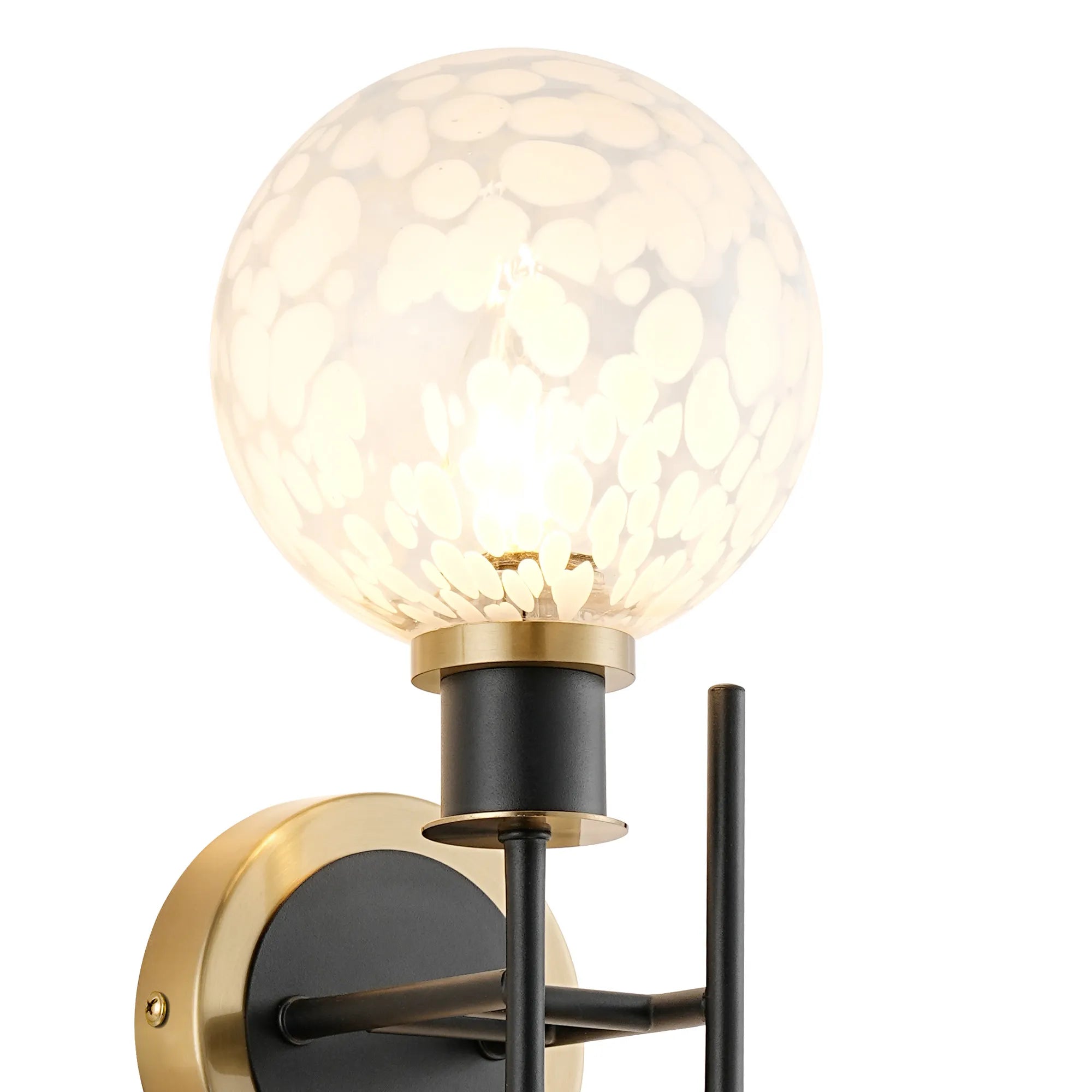 Sycamore Switched Wall Light 2 Light with 15cm Round Speckled Glass Shade - Brass, White & Satin Black