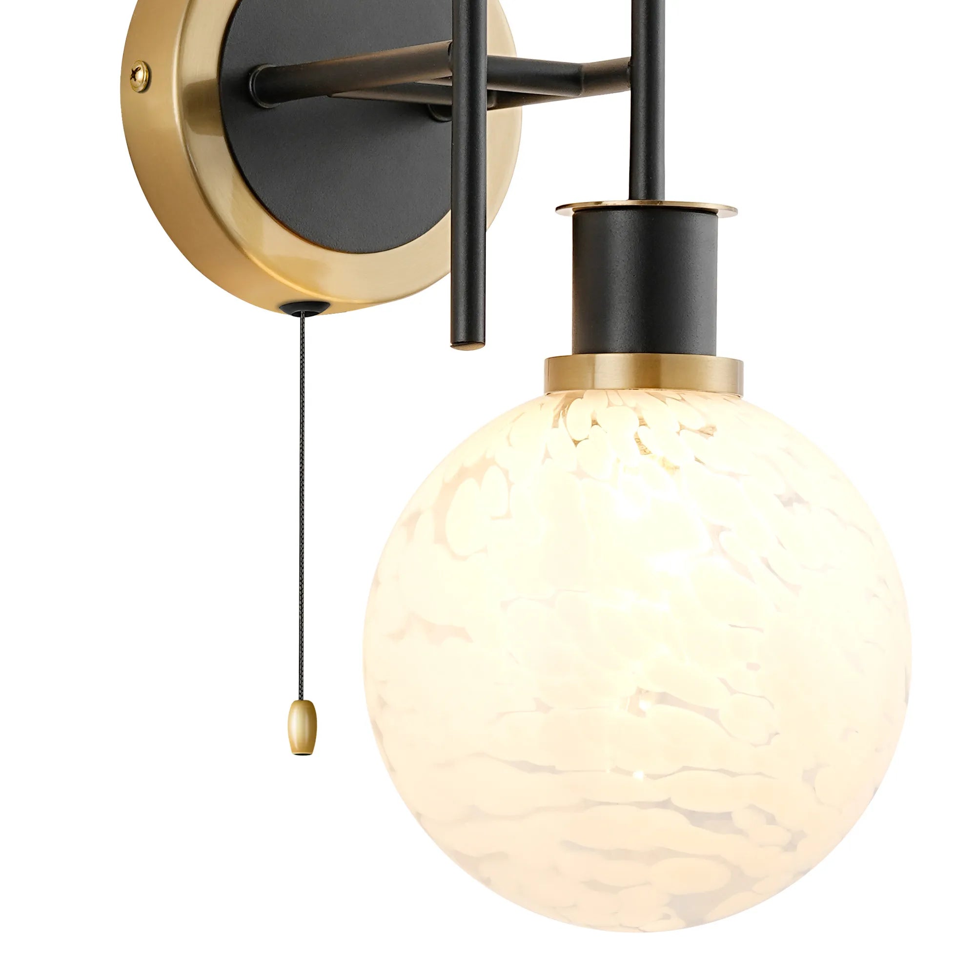 Sycamore Switched Wall Light 2 Light with 15cm Round Speckled Glass Shade - Brass, White & Satin Black