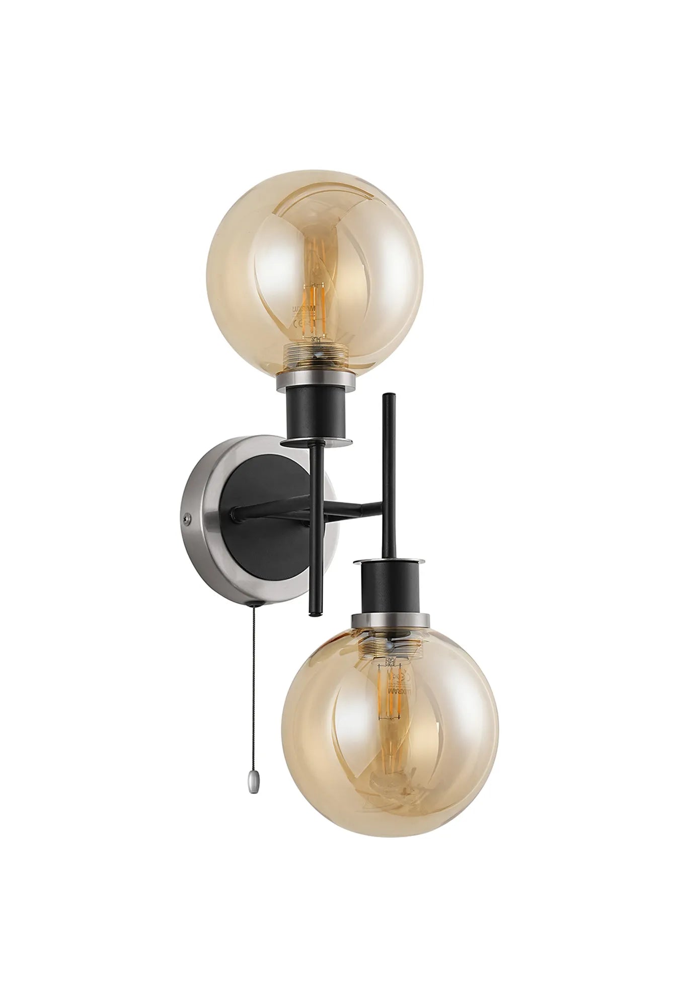 Sycamore Switched Wall Light 2 Light with 15cm Round Glass Shade - Satin Nickel, Amber Plated & Satin Black