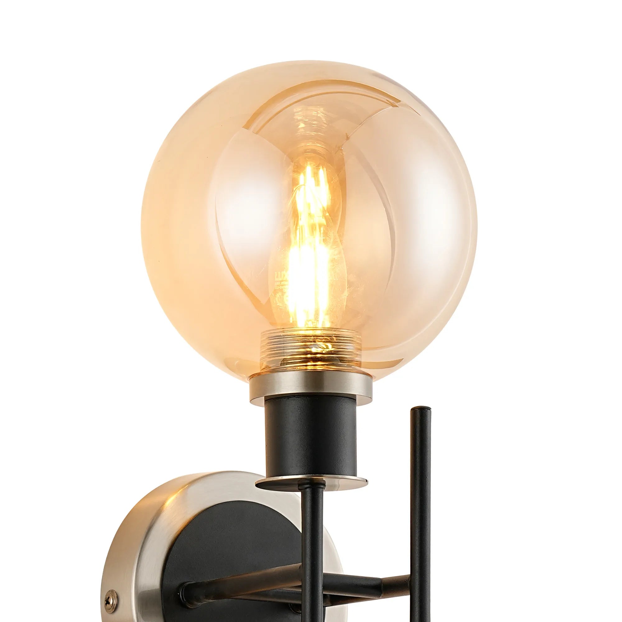 Sycamore Switched Wall Light 2 Light with 15cm Round Glass Shade - Satin Nickel, Amber Plated & Satin Black