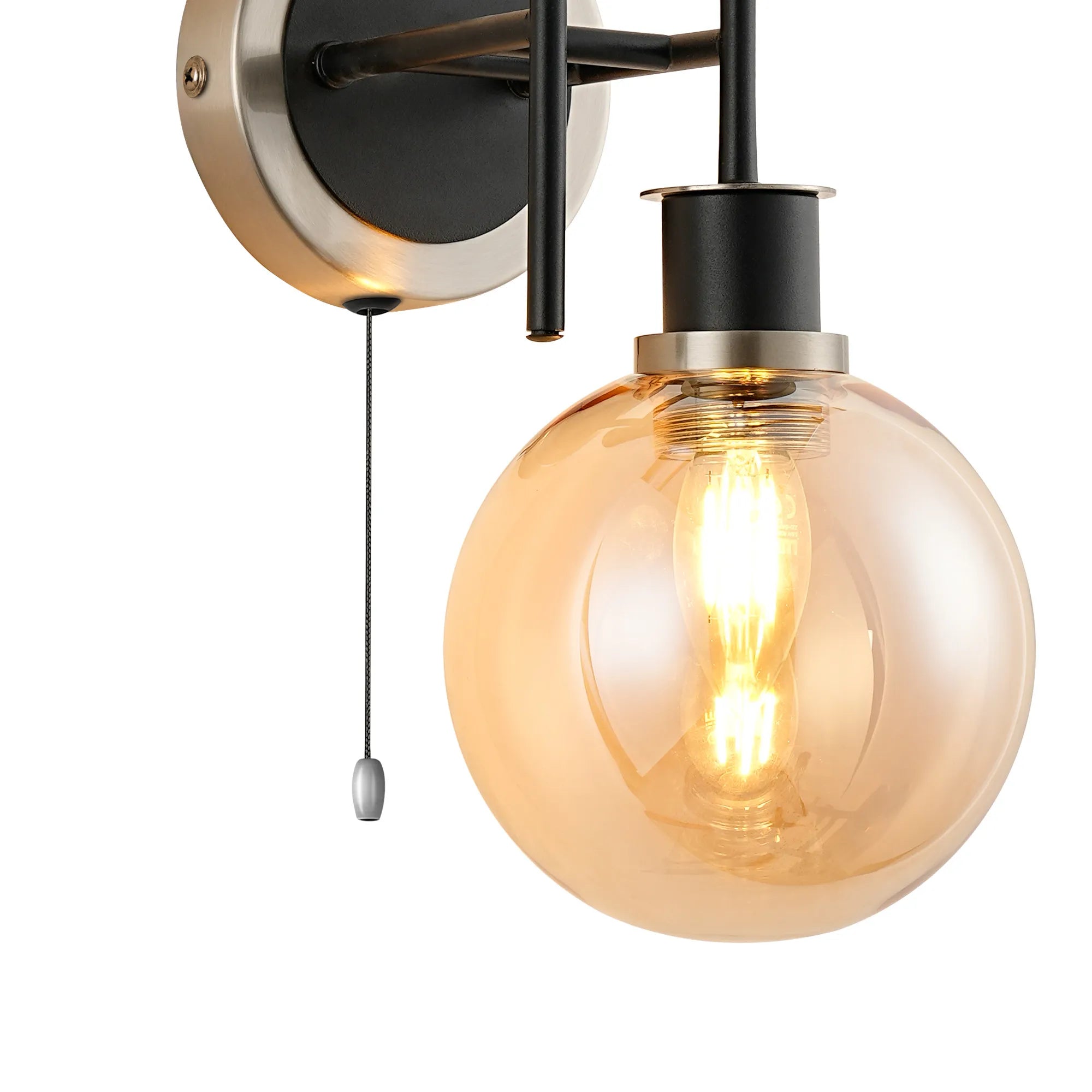 Sycamore Switched Wall Light 2 Light with 15cm Round Glass Shade - Satin Nickel, Amber Plated & Satin Black