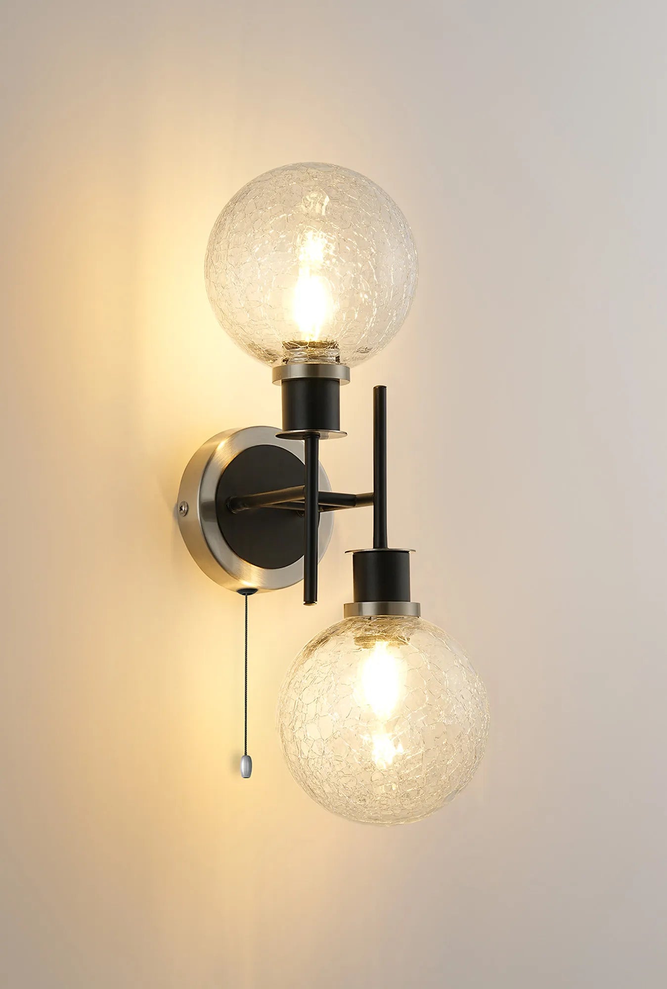 Sycamore Switched Wall Light 2 Light with 15cm Round Crackled Glass Shade - Satin Nickel, Clear & Satin Black