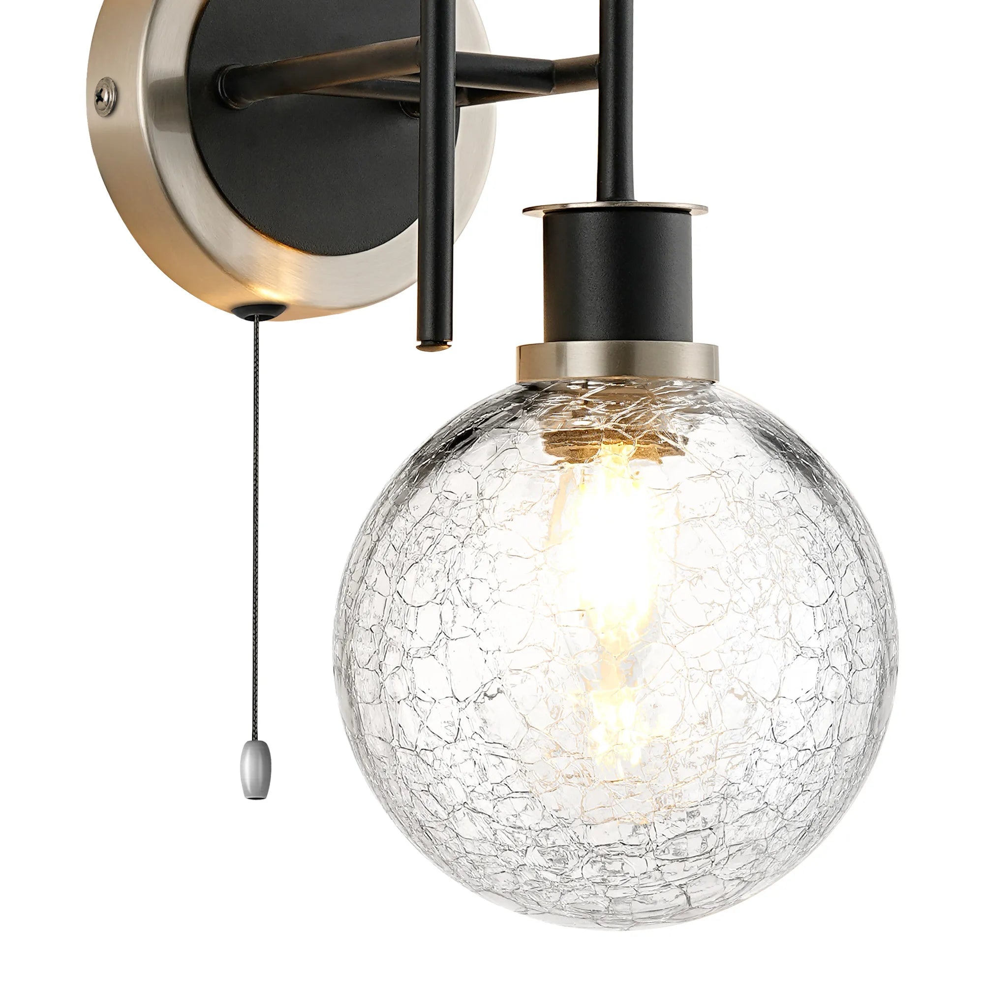 Sycamore Switched Wall Light 2 Light with 15cm Round Crackled Glass Shade - Satin Nickel, Clear & Satin Black