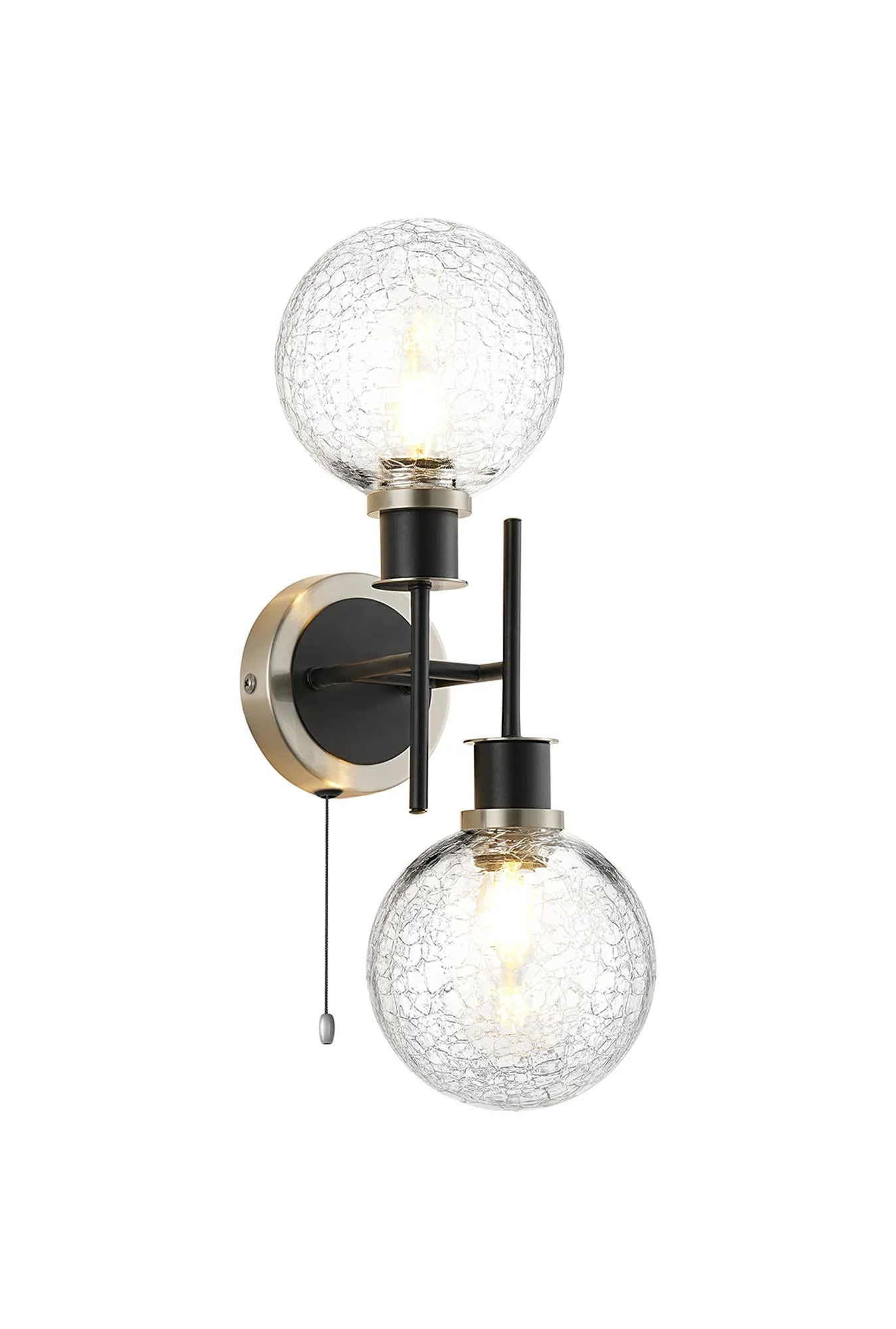 Sycamore Switched Wall Light 2 Light with 15cm Round Crackled Glass Shade - Satin Nickel, Clear & Satin Black