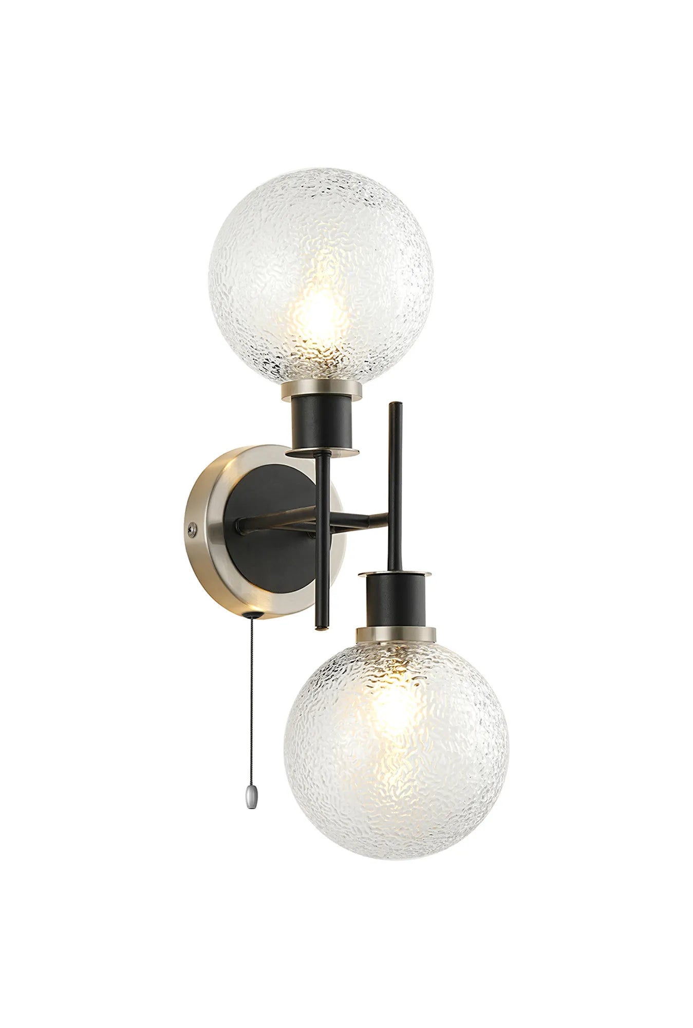 Sycamore Switched Wall Light 2 Light with 15cm Round Dimpled Glass Shade - Satin Nickel, Clear & Satin Black