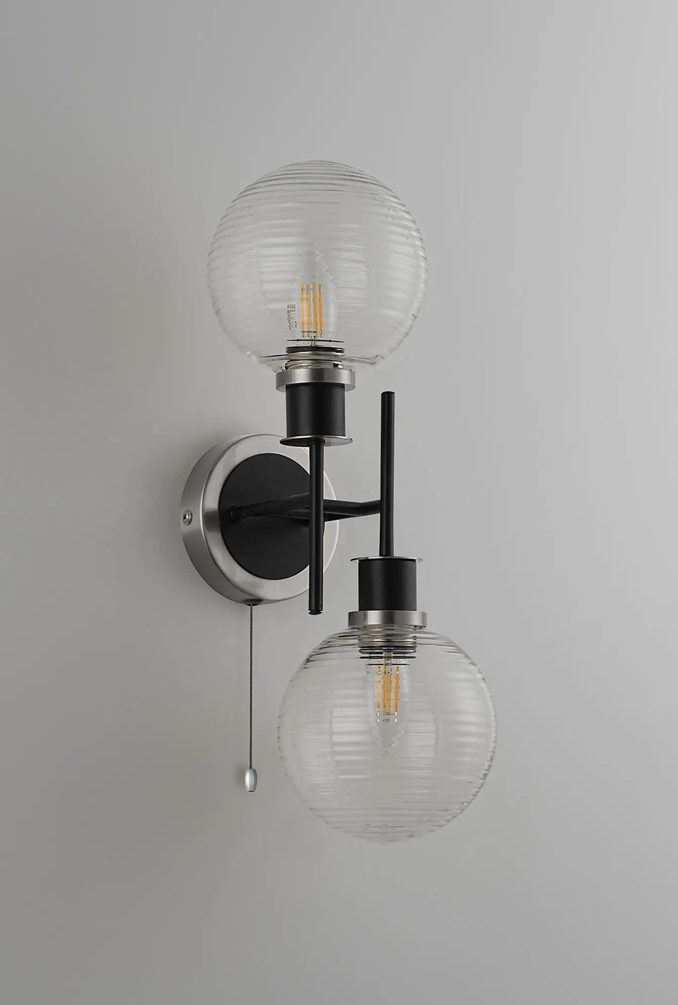 Sycamore Switched Wall Light 2 Light with 15cm Round Ribbed Glass Shade - Satin Nickel, Clear & Satin Black