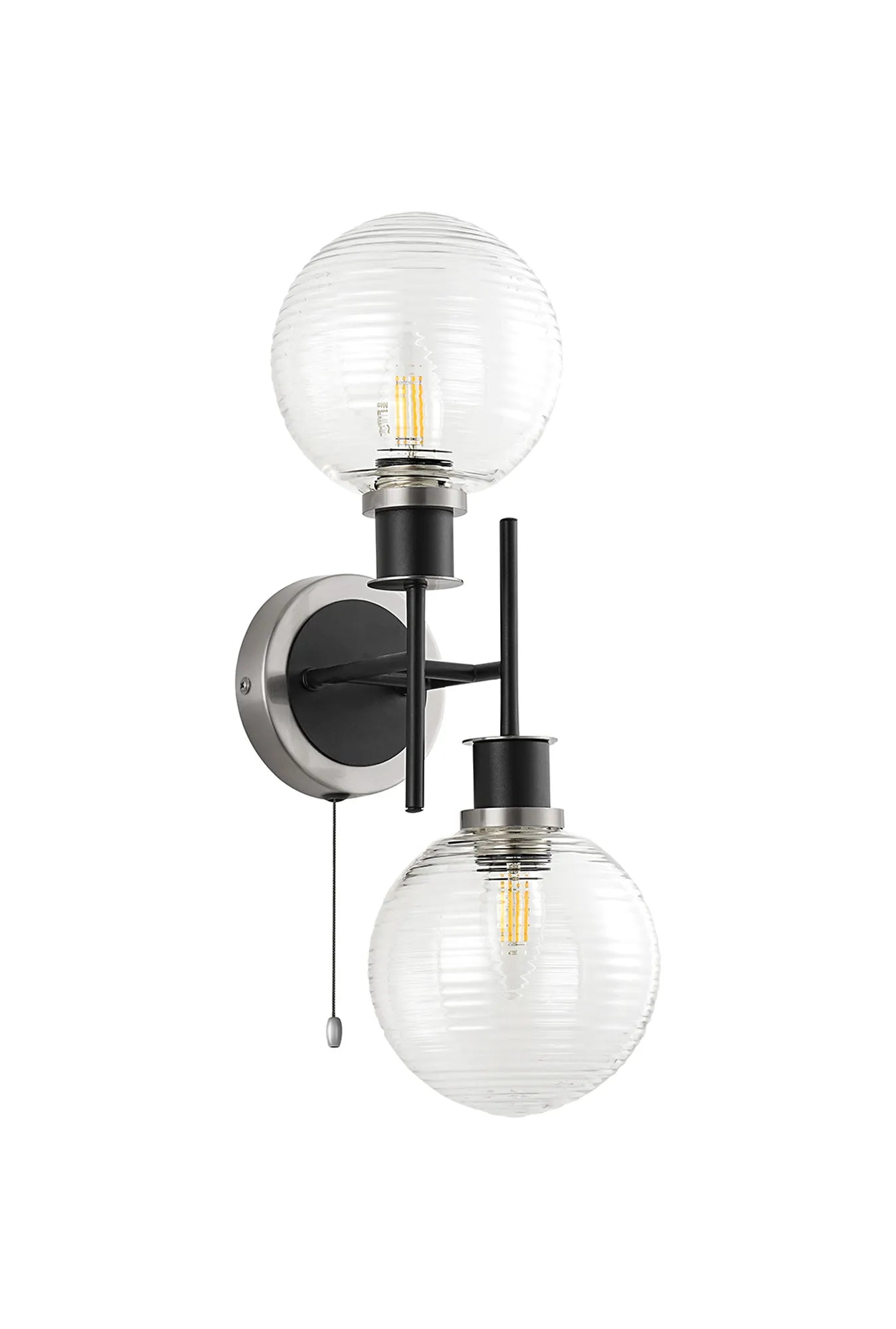 Sycamore Switched Wall Light 2 Light with 15cm Round Ribbed Glass Shade - Satin Nickel, Clear & Satin Black