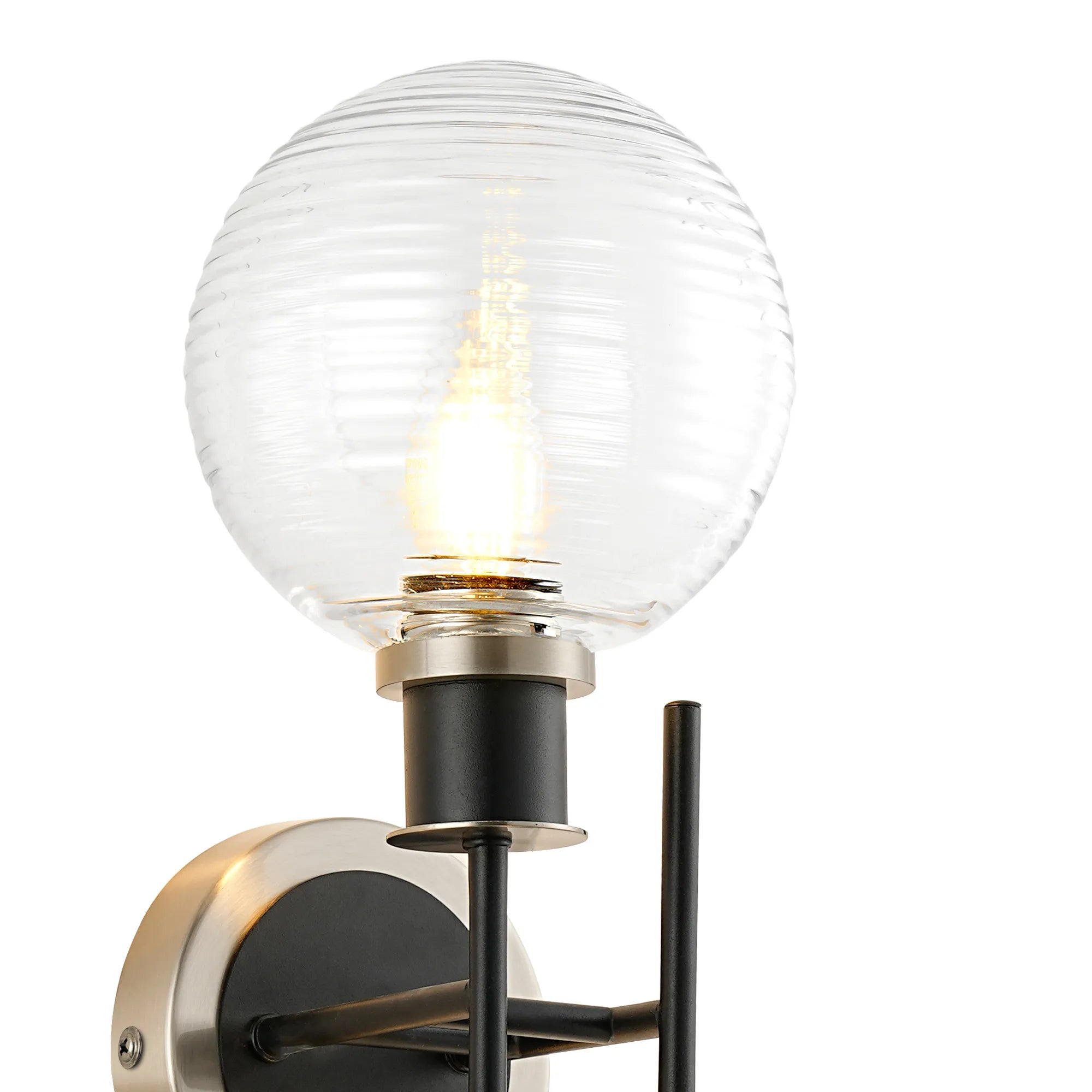 Sycamore Switched Wall Light 2 Light with 15cm Round Ribbed Glass Shade - Satin Nickel, Clear & Satin Black