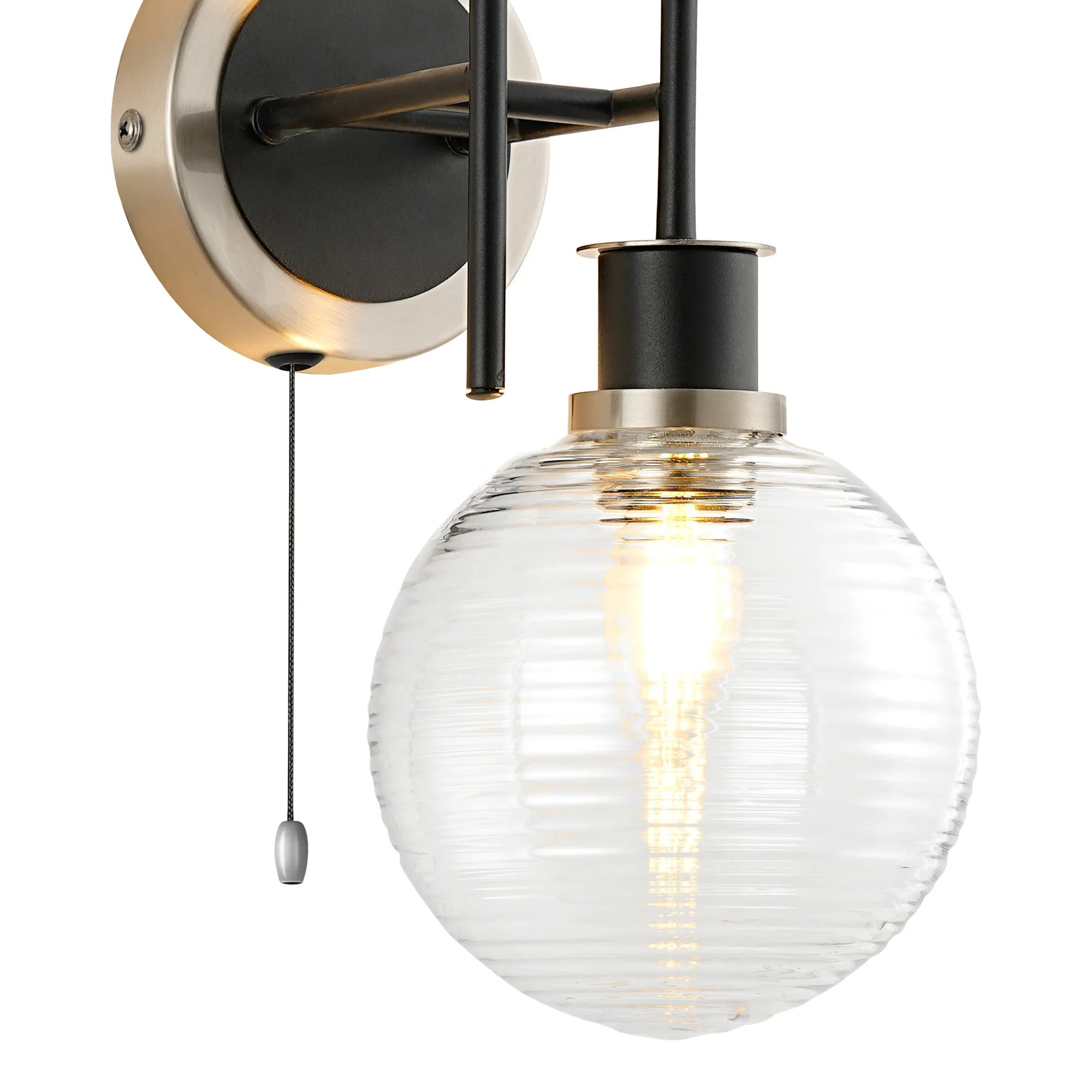 Sycamore Switched Wall Light 2 Light with 15cm Round Ribbed Glass Shade - Satin Nickel, Clear & Satin Black