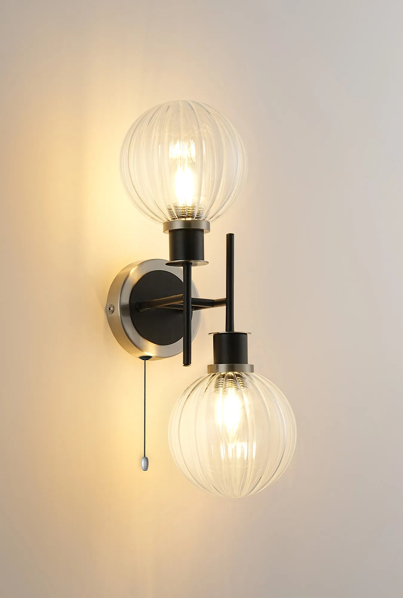 Sycamore Switched Wall Light 2 Light with 15cm Round Segment Glass Shade - Satin Nickel, Clear & Satin Black