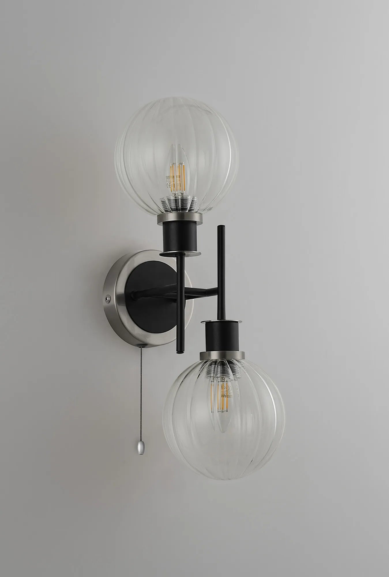 Sycamore Switched Wall Light 2 Light with 15cm Round Segment Glass Shade - Satin Nickel, Clear & Satin Black