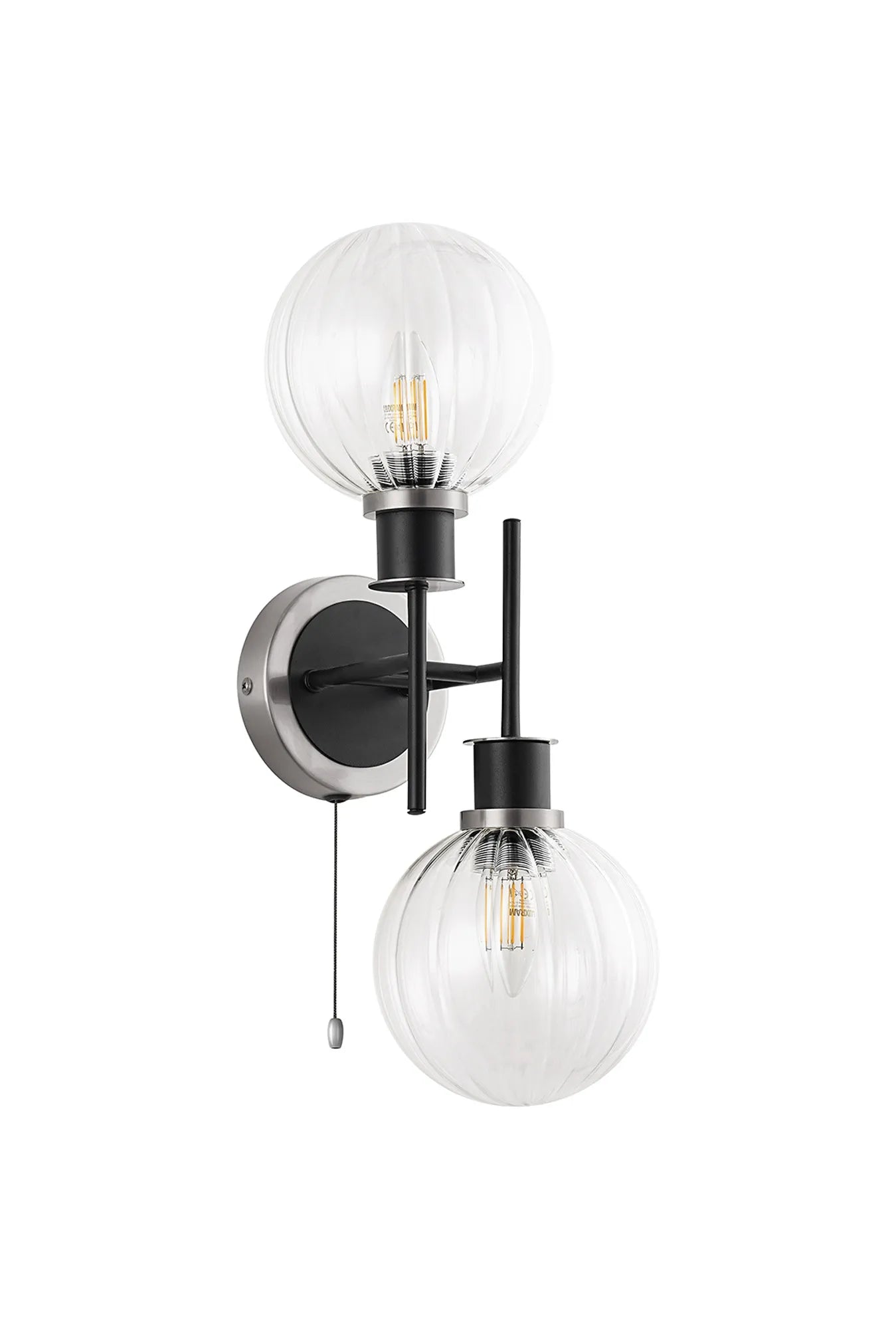 Sycamore Switched Wall Light 2 Light with 15cm Round Segment Glass Shade - Satin Nickel, Clear & Satin Black