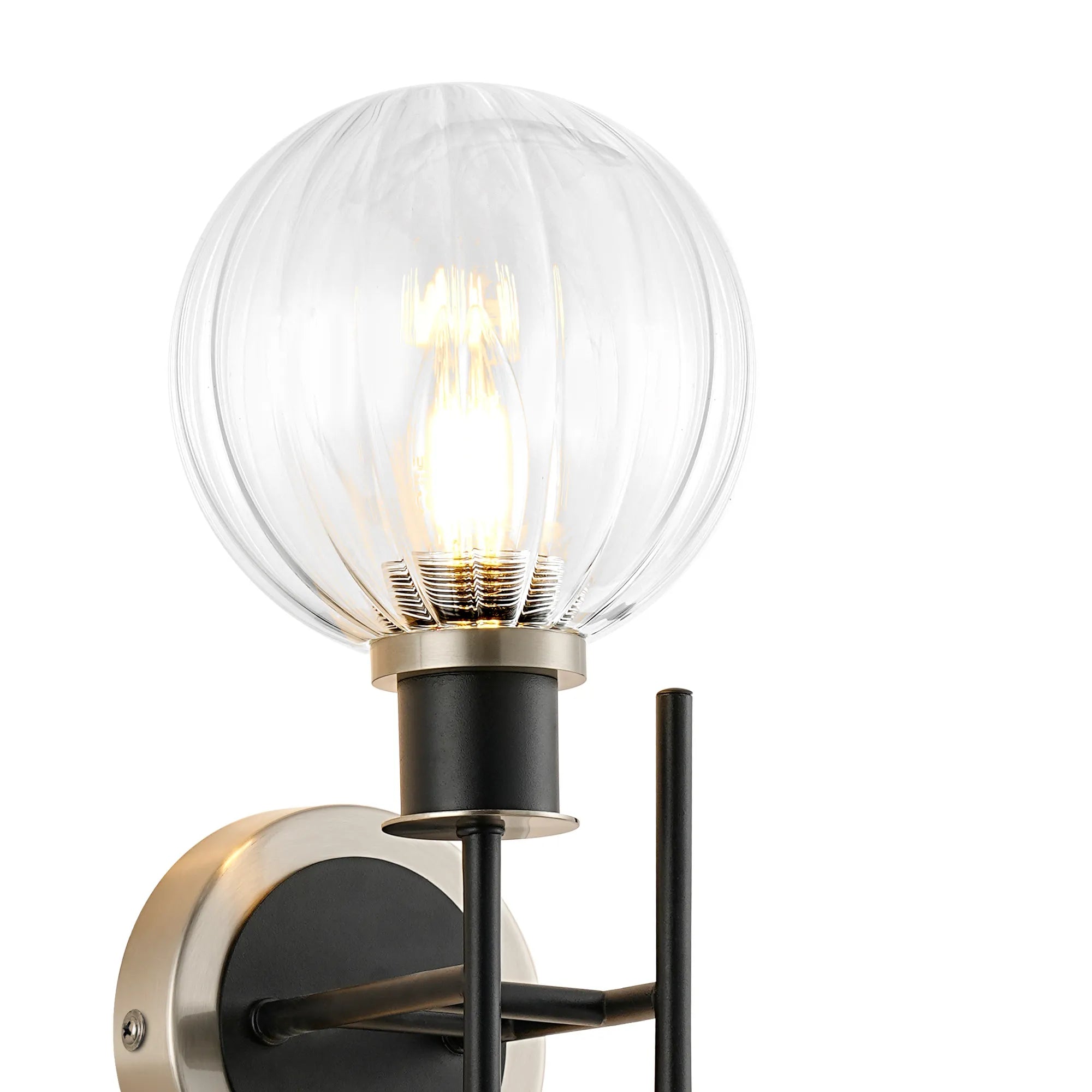 Sycamore Switched Wall Light 2 Light with 15cm Round Segment Glass Shade - Satin Nickel, Clear & Satin Black