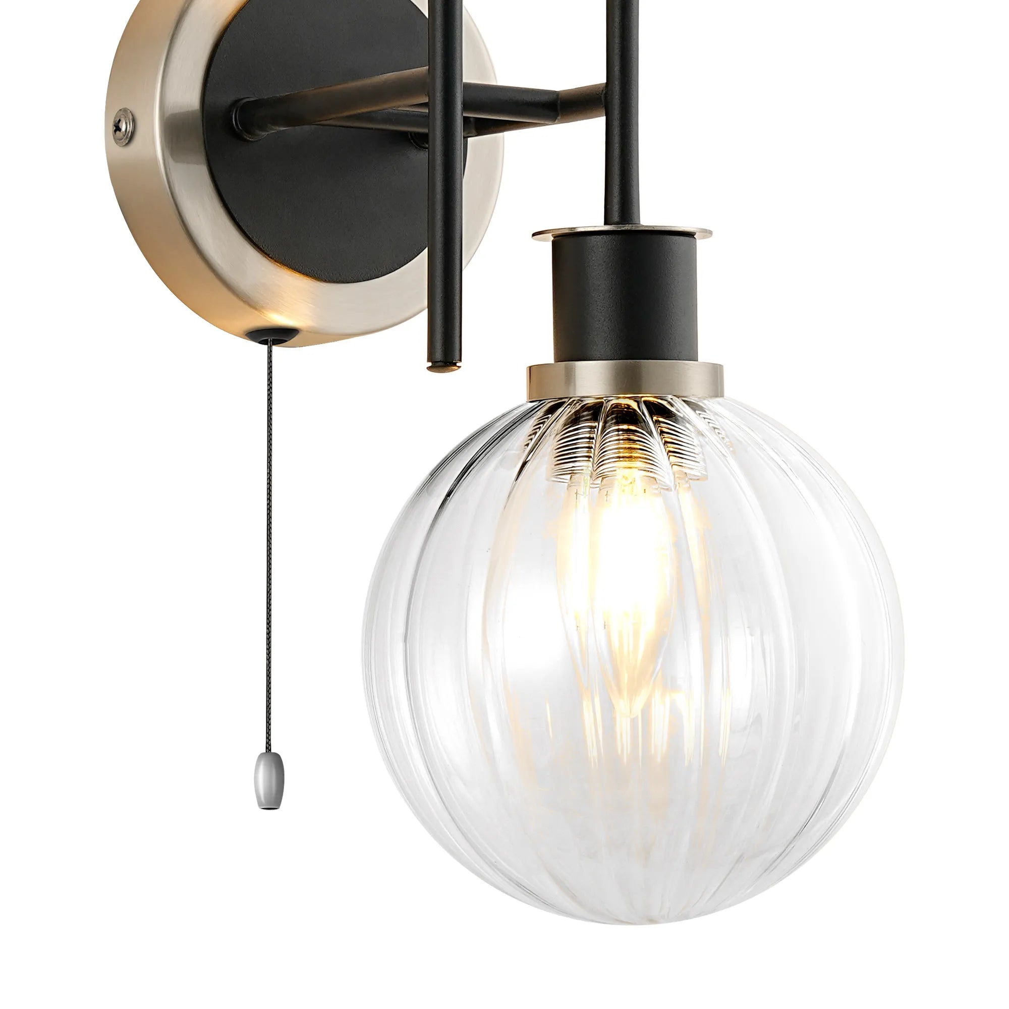 Sycamore Switched Wall Light 2 Light with 15cm Round Segment Glass Shade - Satin Nickel, Clear & Satin Black