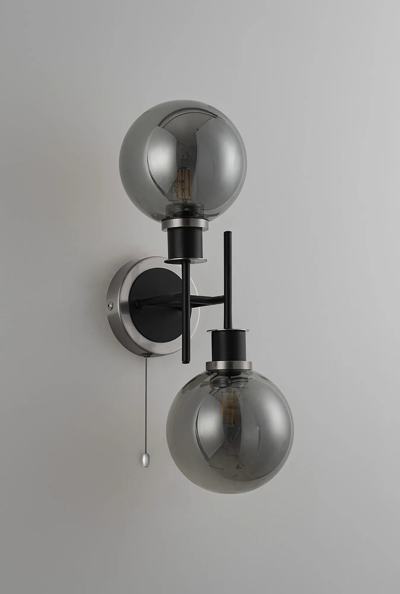 Sycamore Switched Wall Light 2 Light with 15cm Round Glass Shade - Satin Nickel, Smoke Plated & Satin Black