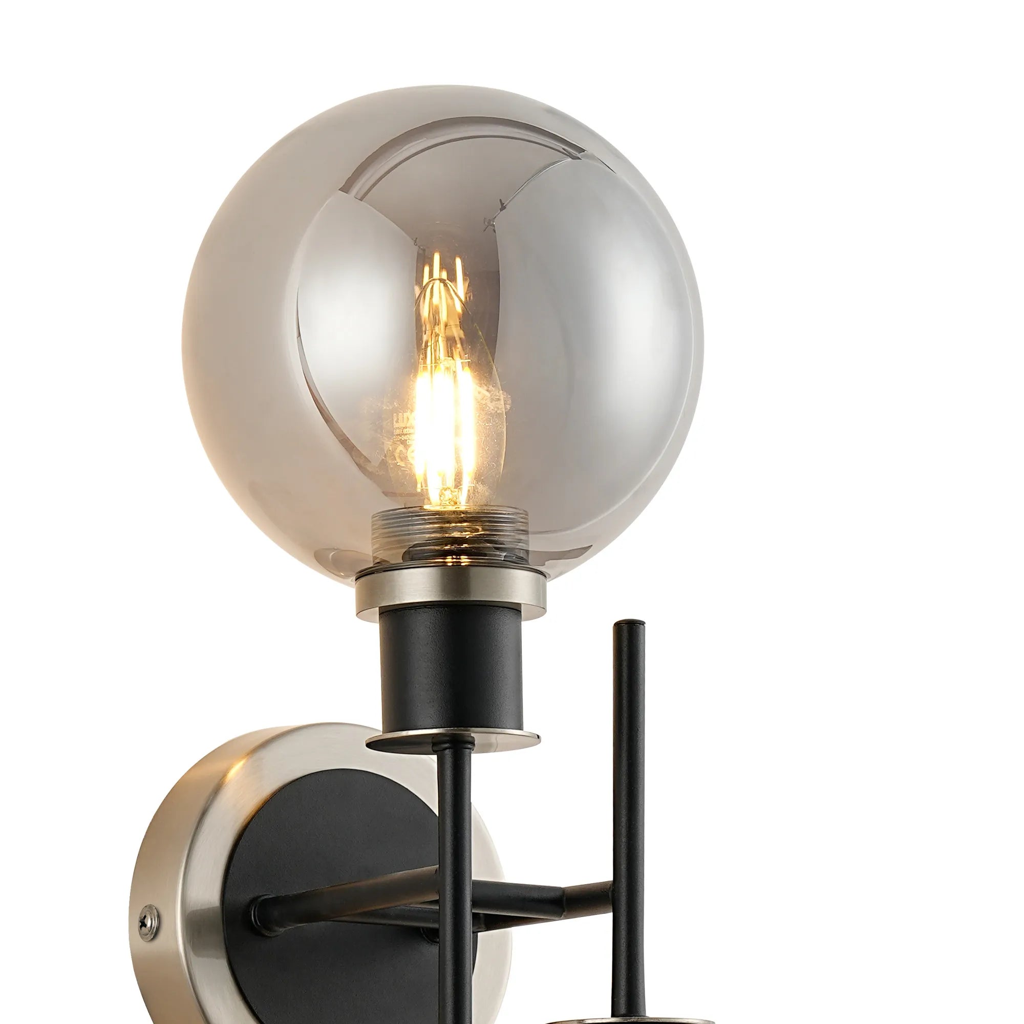 Sycamore Switched Wall Light 2 Light with 15cm Round Glass Shade - Satin Nickel, Smoke Plated & Satin Black