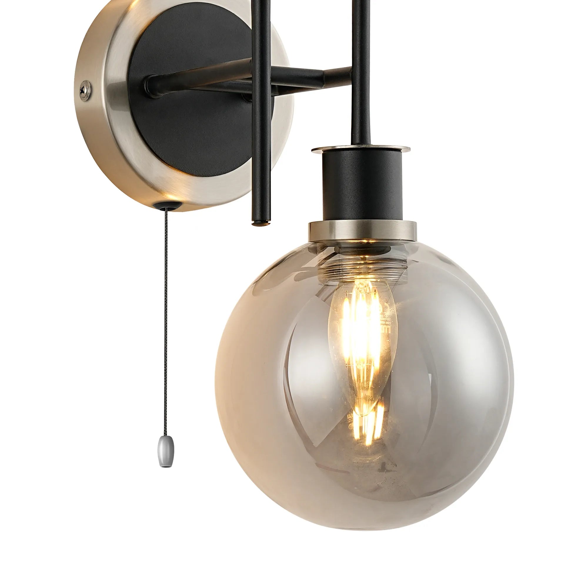 Sycamore Switched Wall Light 2 Light with 15cm Round Glass Shade - Satin Nickel, Smoke Plated & Satin Black